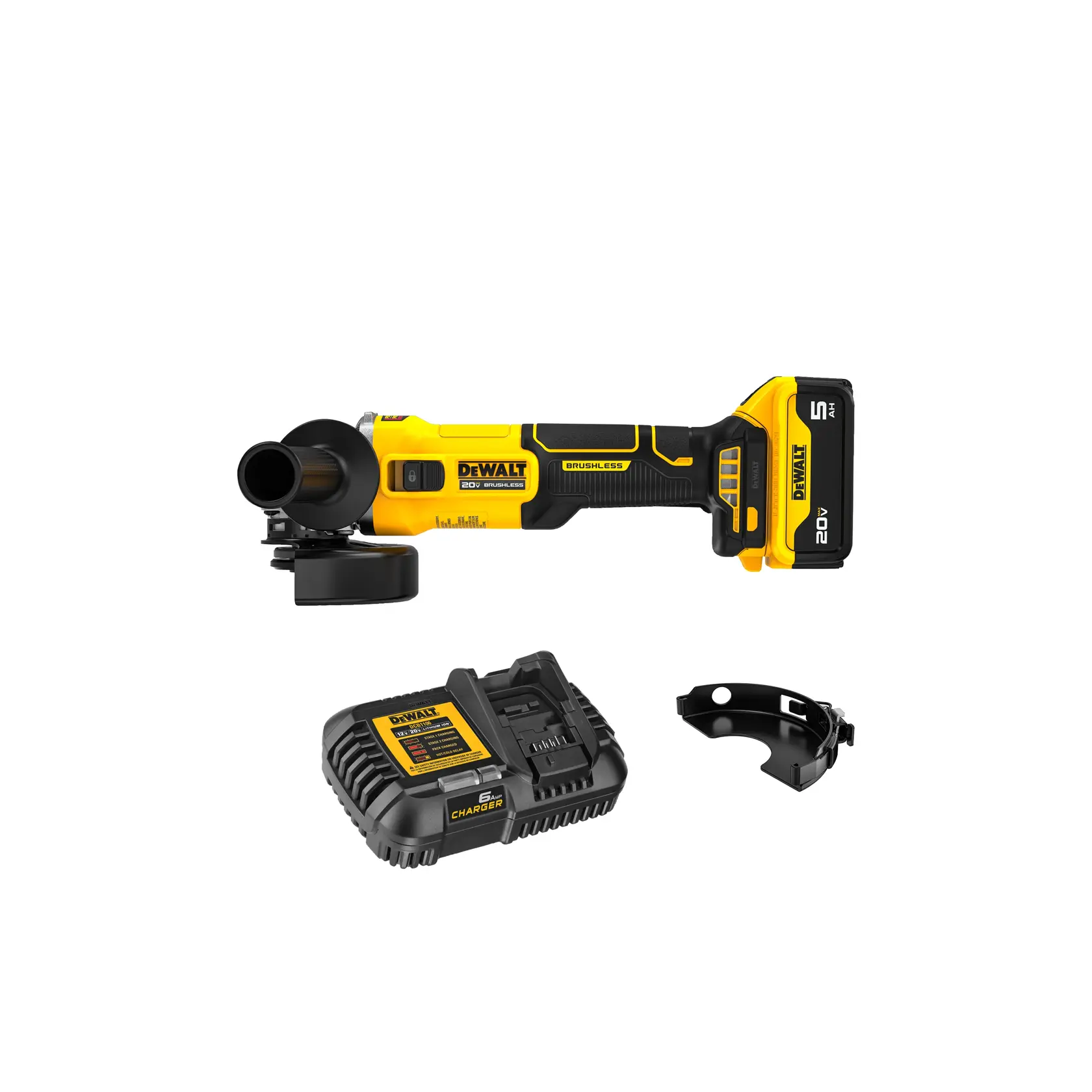 A DEWALT 20V brushless cordless angle grinder kit, including the yellow and black angle grinder tool, a battery charger, and an additional tool accessory.