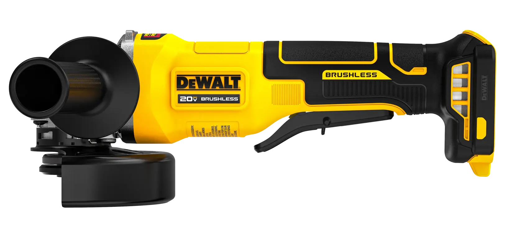 DEWALT 4.5“ Paddle Switch Small Angle Grinder viewed straight on showing the front side on white background