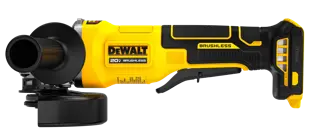 DEWALT 4.5“ Paddle Switch Small Angle Grinder viewed straight on showing the front side on white background