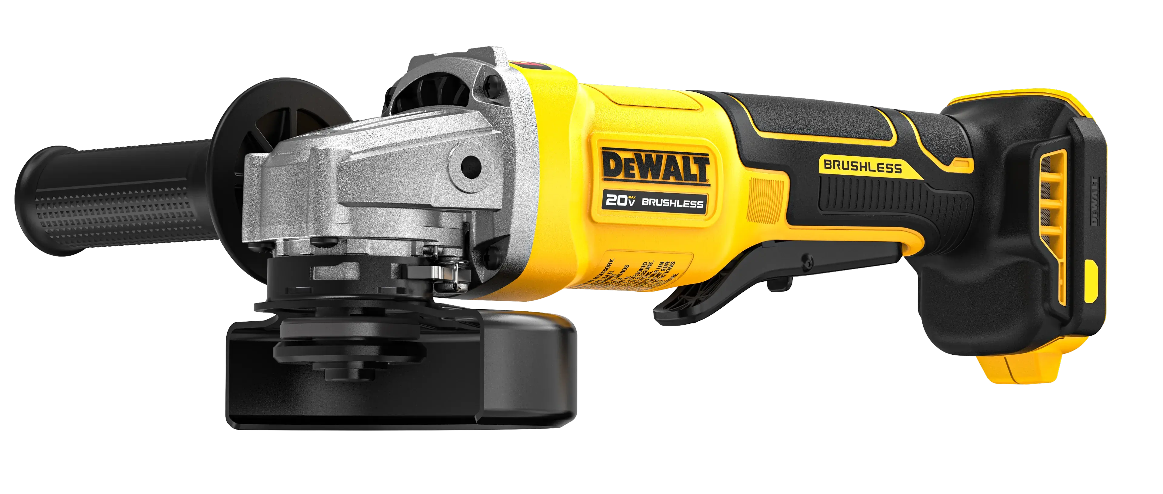 DEWALT 4.5“ Paddle Switch Small Angle Grinder viewed from the front right side on white background