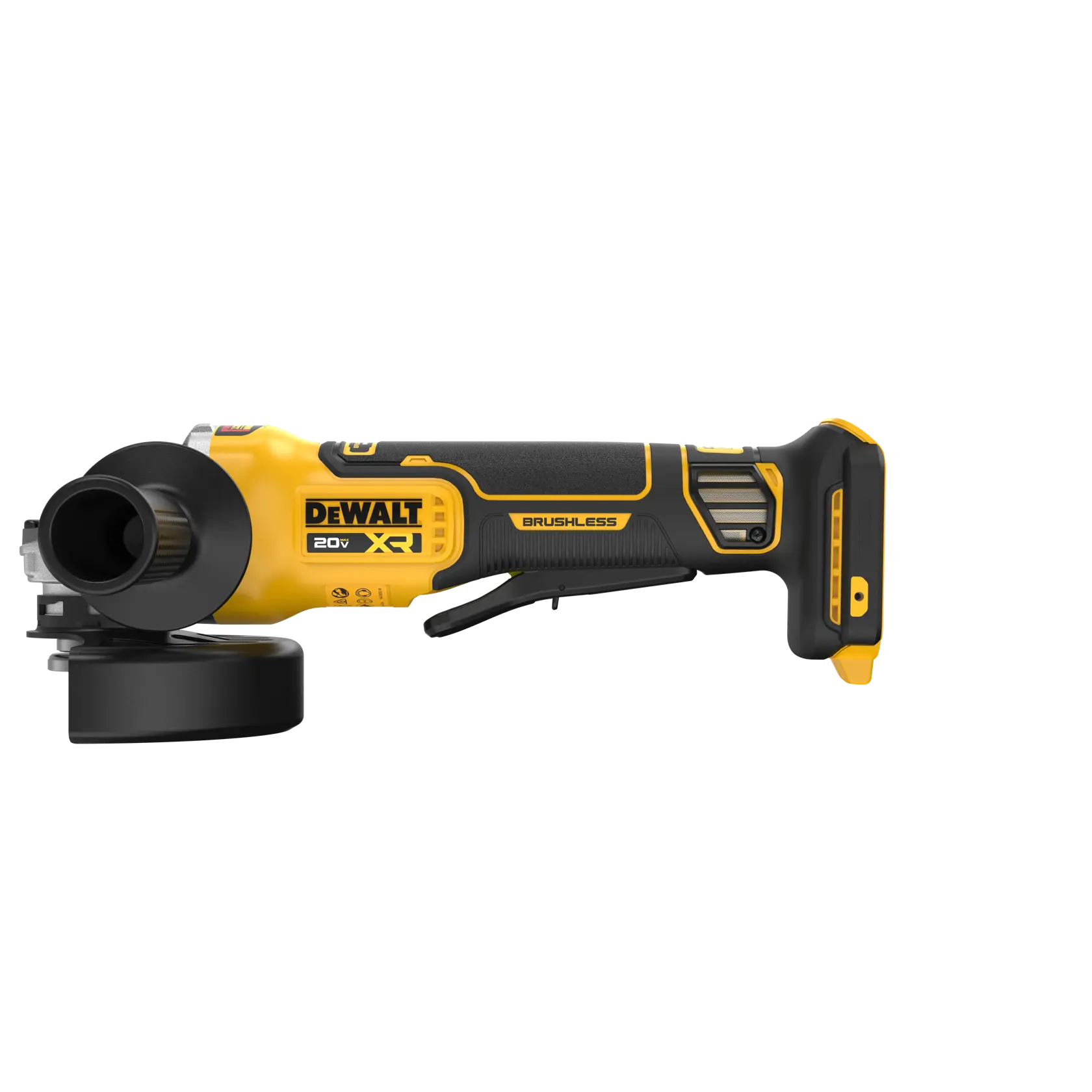 DEWALT 20V MAX* XR®  4-1/2 in. - 5 in. Angle Grinder viewed straight on showing the front side on white background