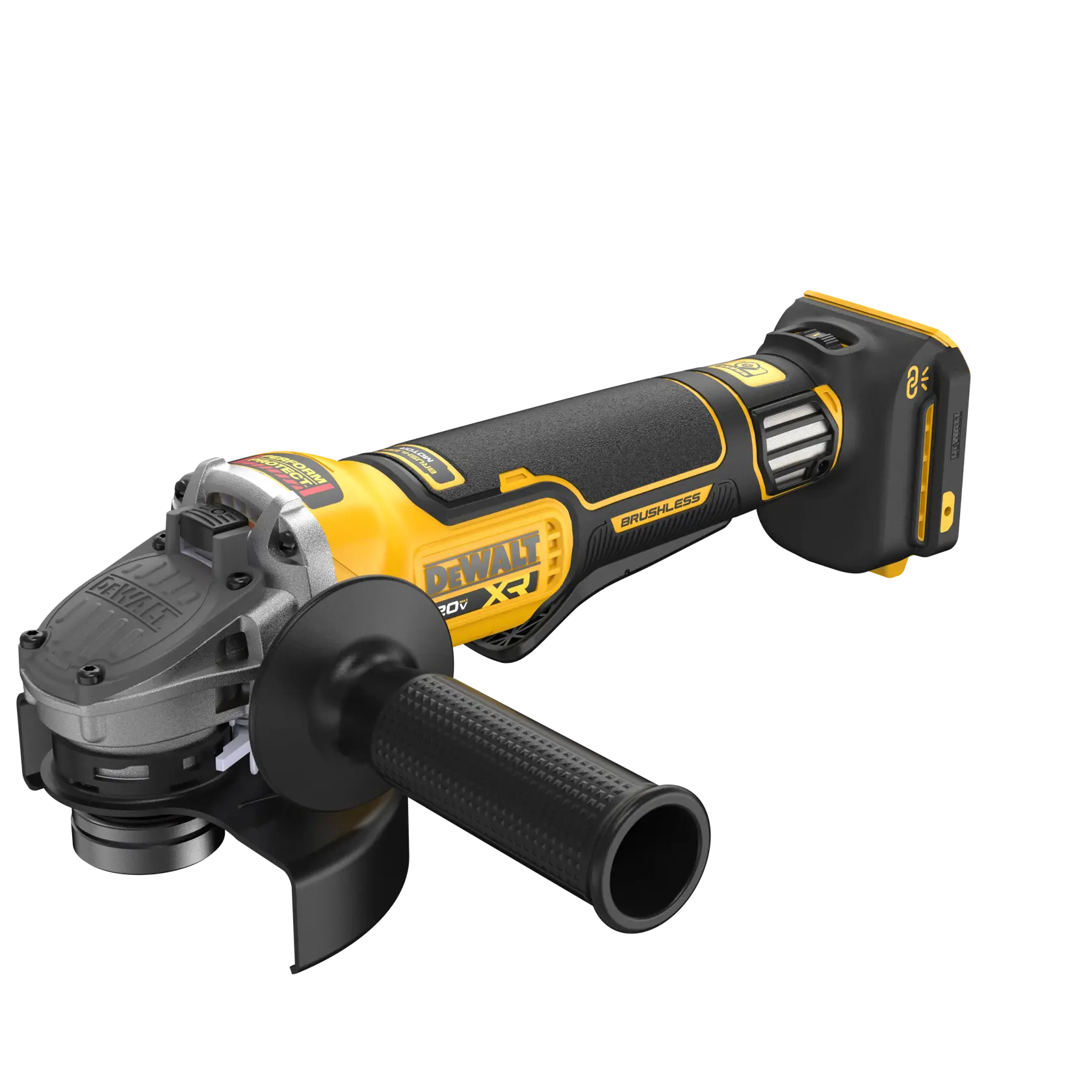 DEWALT 20V MAX* XR® 4-1/2 in.  - 5 in. Variable Speed Paddle Switch Grinder viewed from top right angle on white background