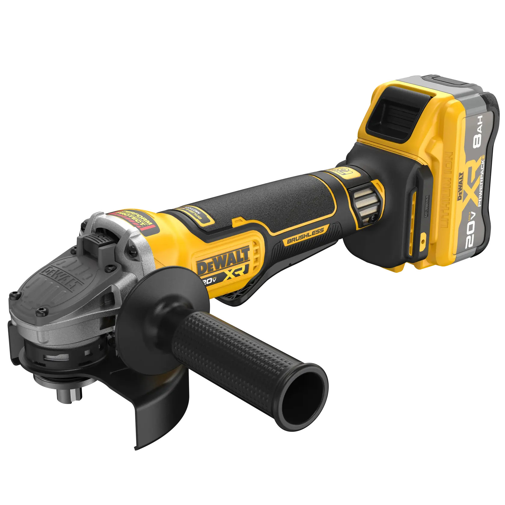 DEWALT 20V MAX* XR®  4-1/2 in. - 5 in. Angle Grinder Kit viewed from top right angle on white background