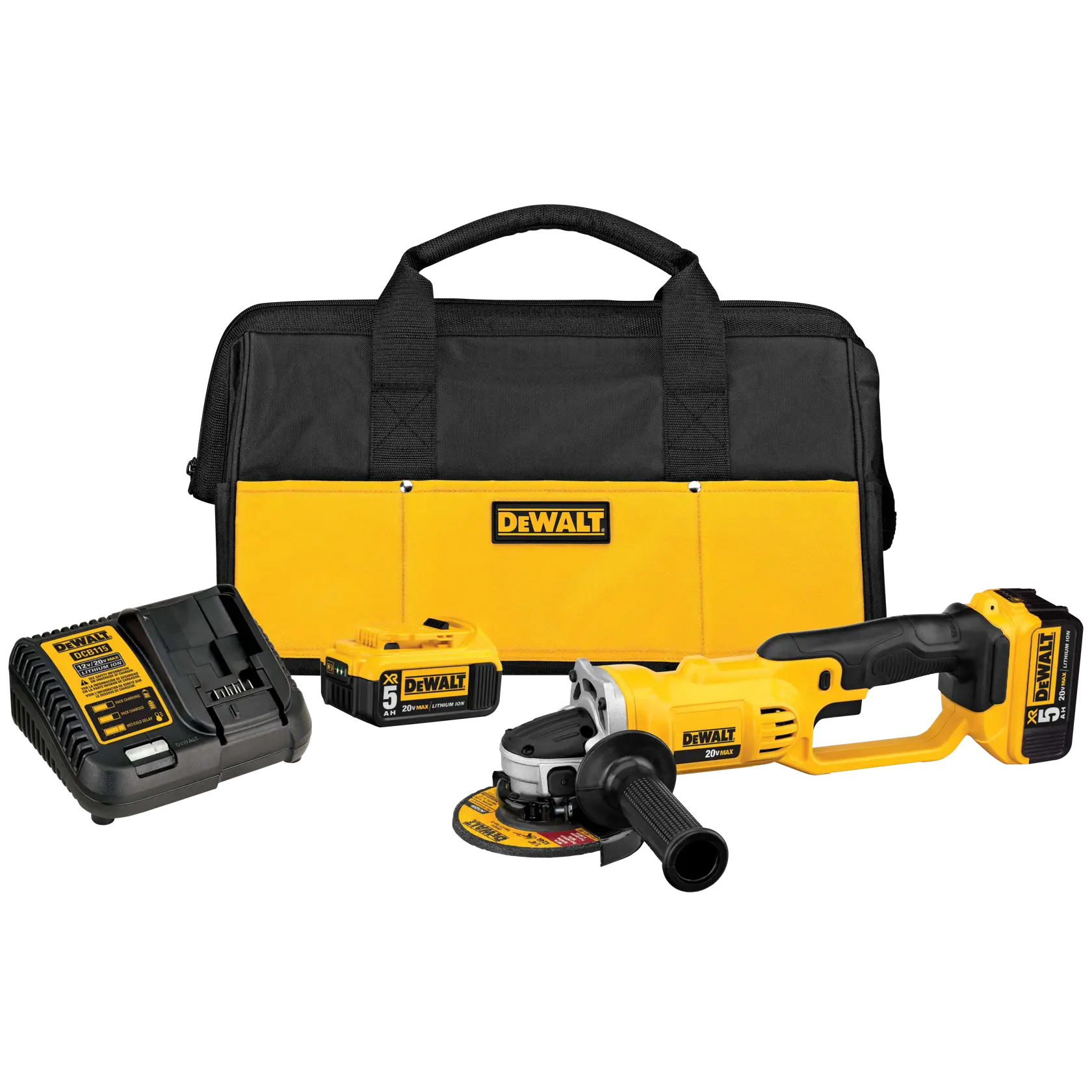 A DEWALT cordless angle grinder kit including a yellow and black grinder, two lithium-ion batteries, a charger, and a black and yellow carrying bag.