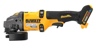 A yellow and black DEWALT cordless brushless angle grinder with a FLEXVOLT 60V battery attached, shown from the side against a white background.
