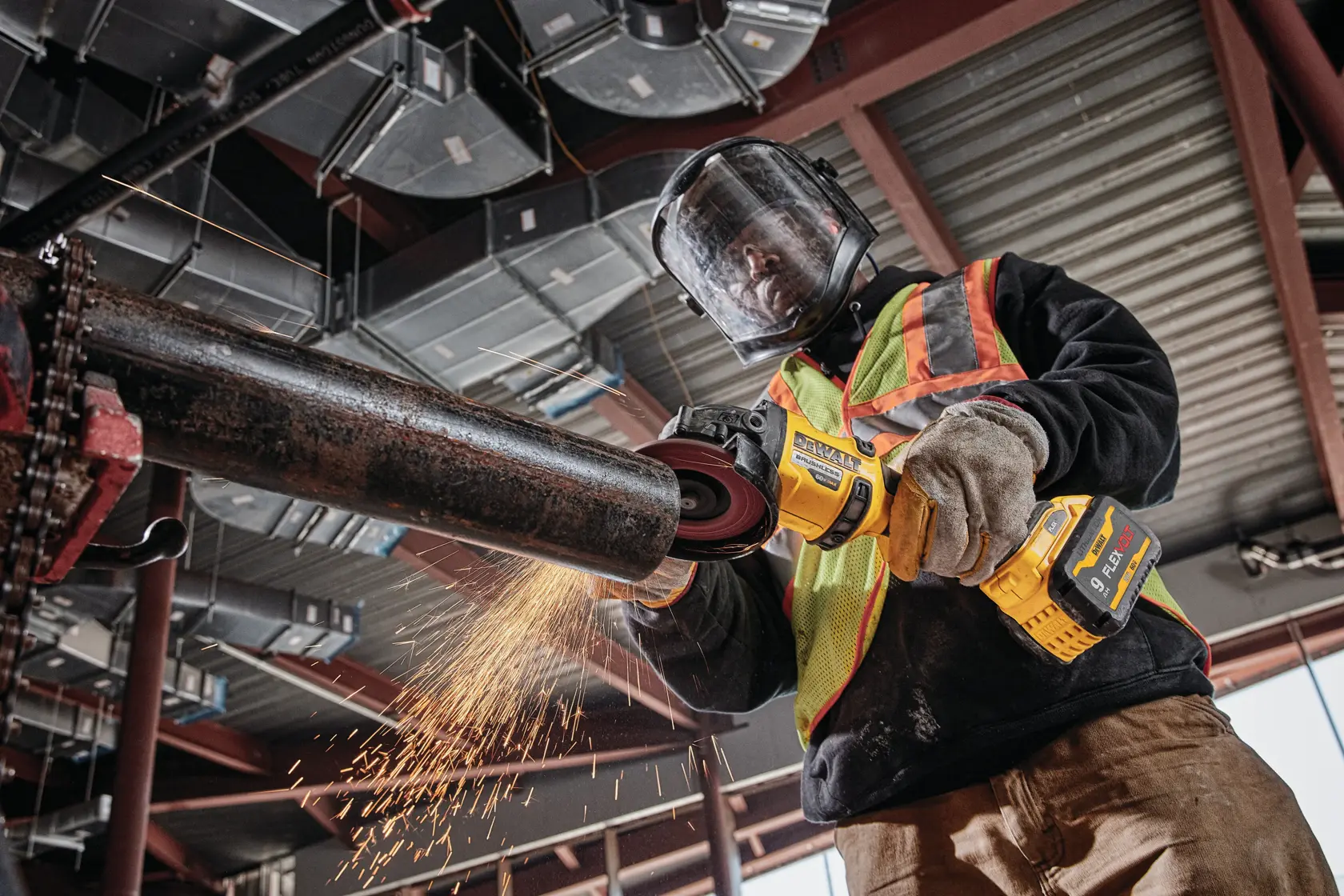 6 INCH CORDLESS GRINDER WITH KICKBACK BRAKE being used by a workman on a work site