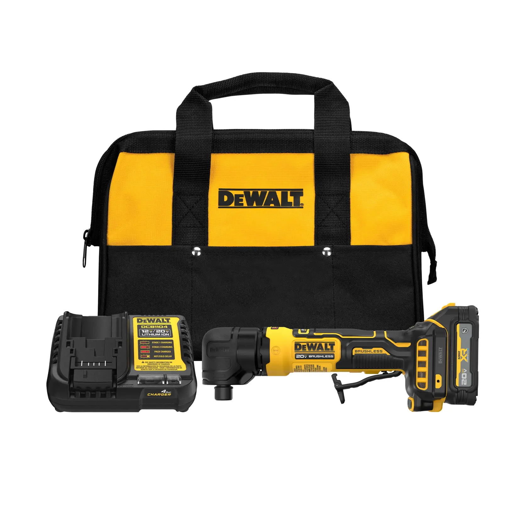 A DEWALT cordless tool kit, including a black and yellow carrying bag, a battery charger, and a brushless angle grinder with a 20V battery.