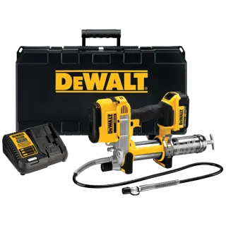 A DEWALT cordless grease gun kit, including a yellow and black grease gun, battery charger, flexible hose, and a black carrying case with the DEWALT logo.