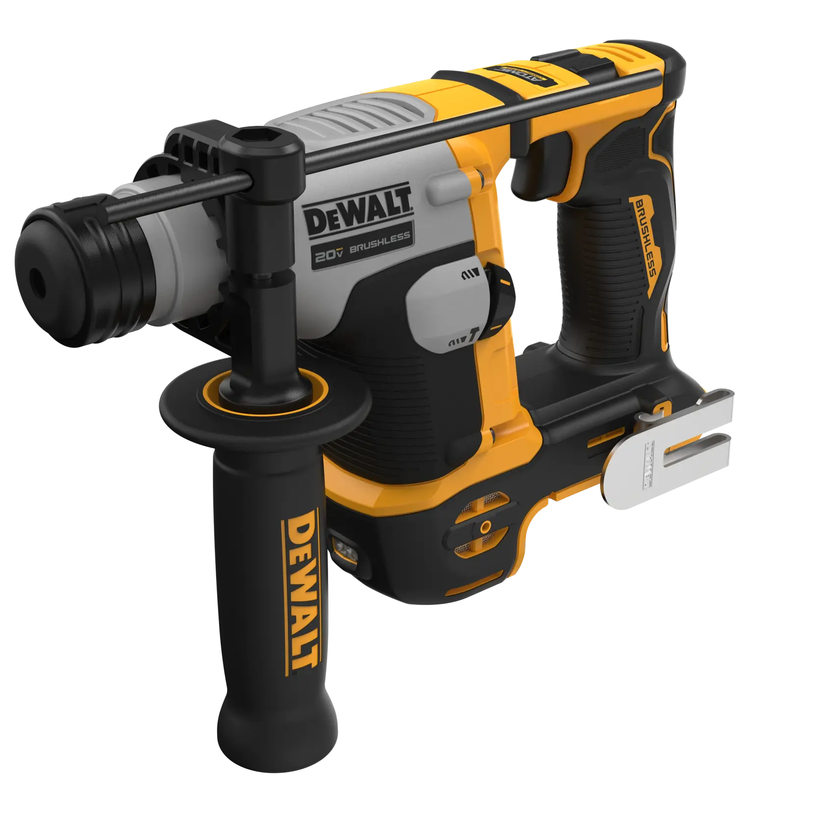 Profile of atomic 20 volt five eighths inch brushless cordless S D S plus rotary hammer tool.