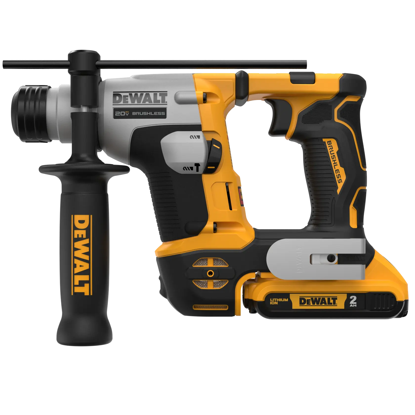 Profile of atomic 20 volt five eighths inch brushless cordless S D S plus rotary hammer kit.