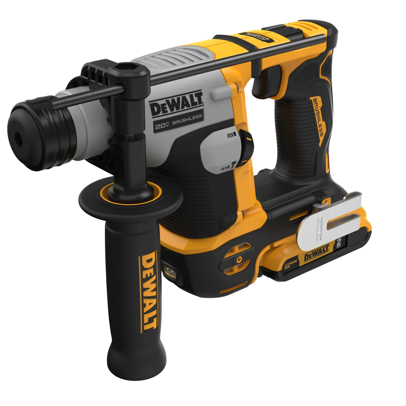 Atomic 20 volt five eighths inch brushless cordless S D S plus rotary hammer kit being used to hammer wood.