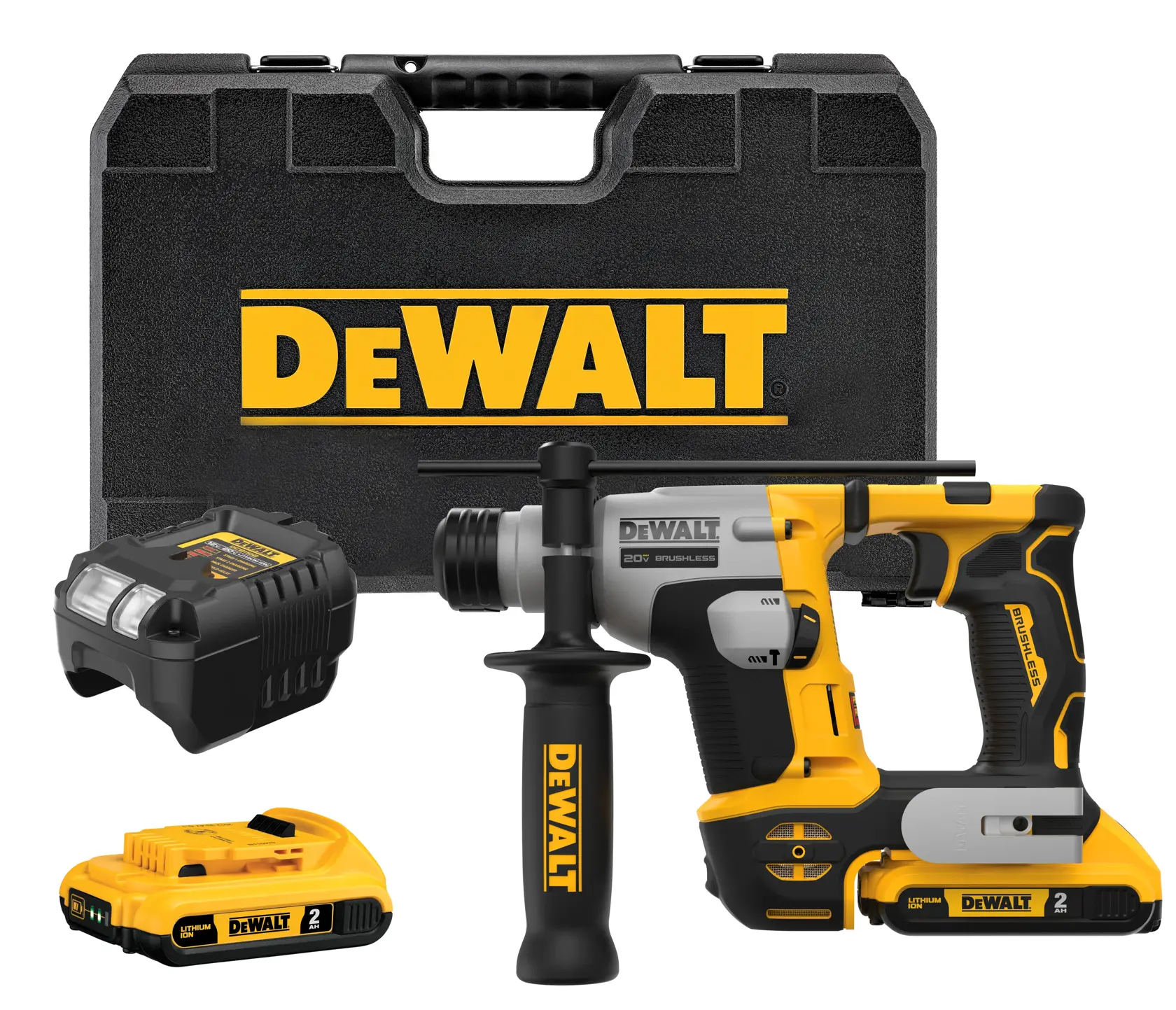 Right side of atomic 20 volt five eighths inch brushless cordless S D S plus rotary hammer kit.