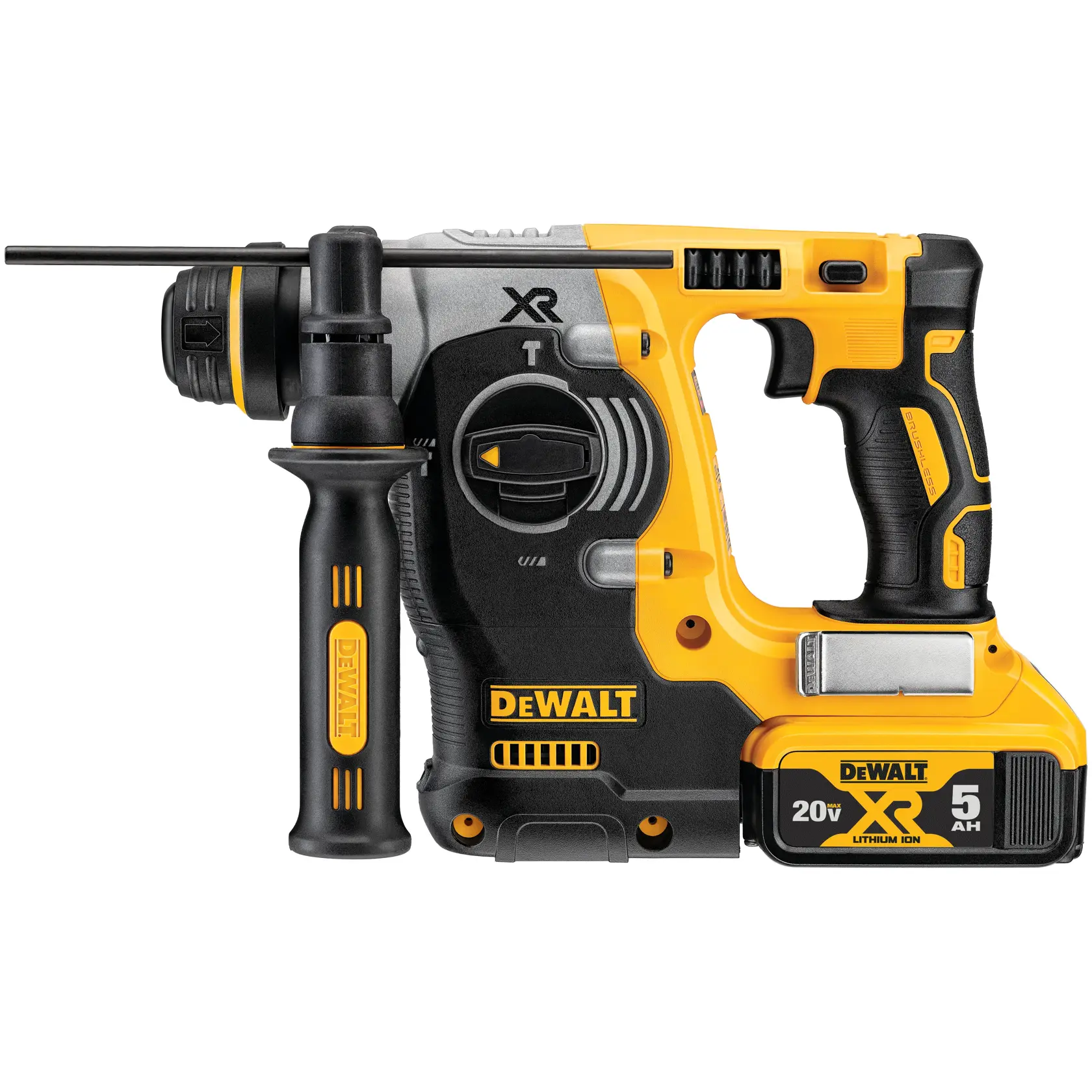 DEWALT® 20V MAX* XR Brushless Cordless 1-in. (25mm) SDS PLUS L-Shape Rotary Hammer with (2) 5.0 Ah Batteries and Charger
