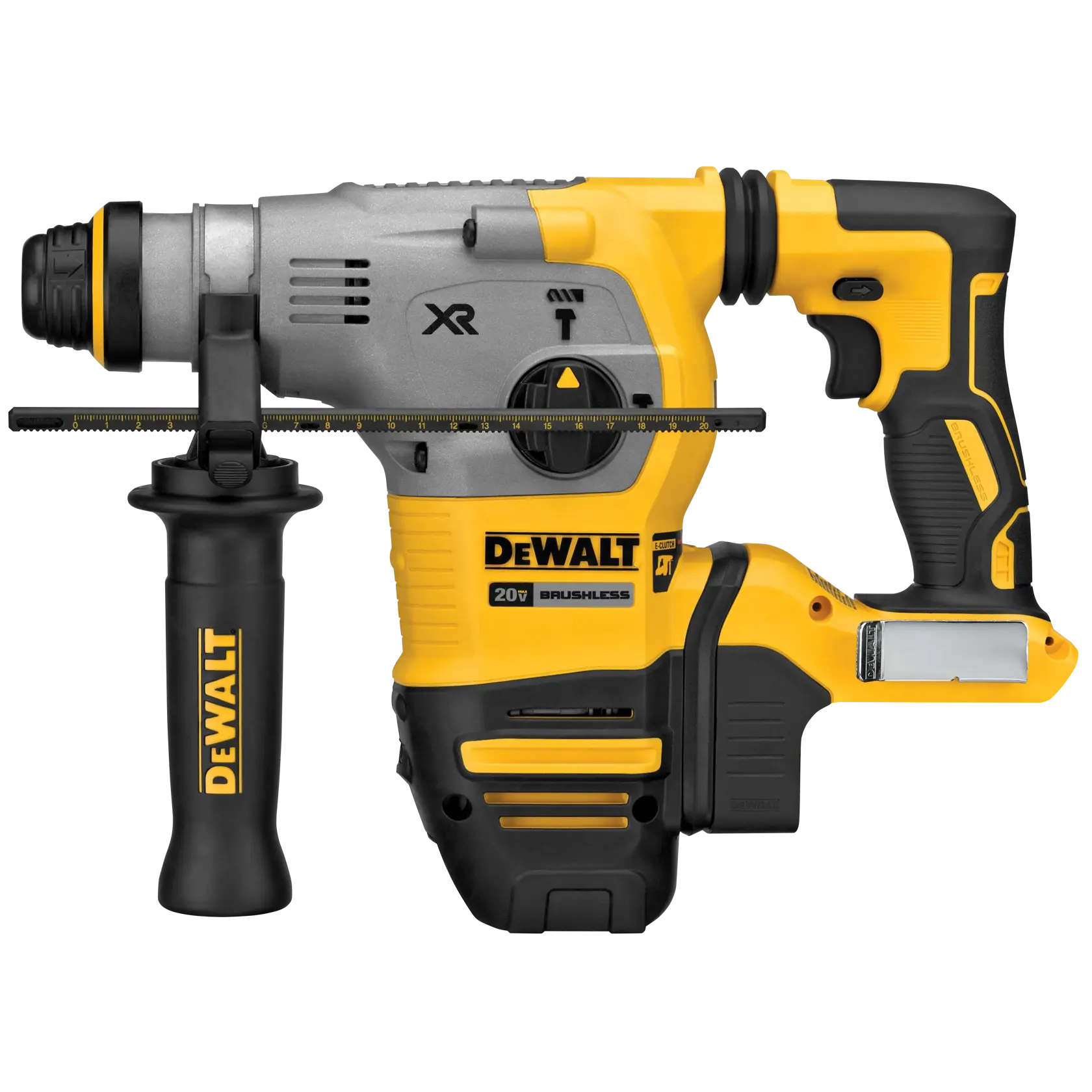 A DEWALT 20V XR brushless rotary hammer drill with a side handle, shown in yellow and black color scheme.