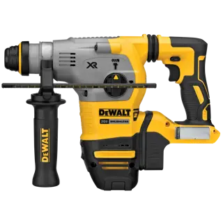 A DEWALT 20V XR brushless rotary hammer drill with a side handle, shown in yellow and black color scheme.