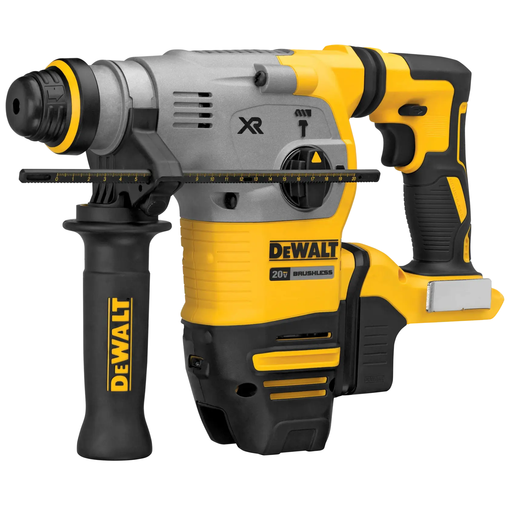 A DEWALT 20V brushless cordless rotary hammer drill with a side handle, depth gauge, and ergonomic grip. The tool features yellow and black colors and displays the DEWALT logo.