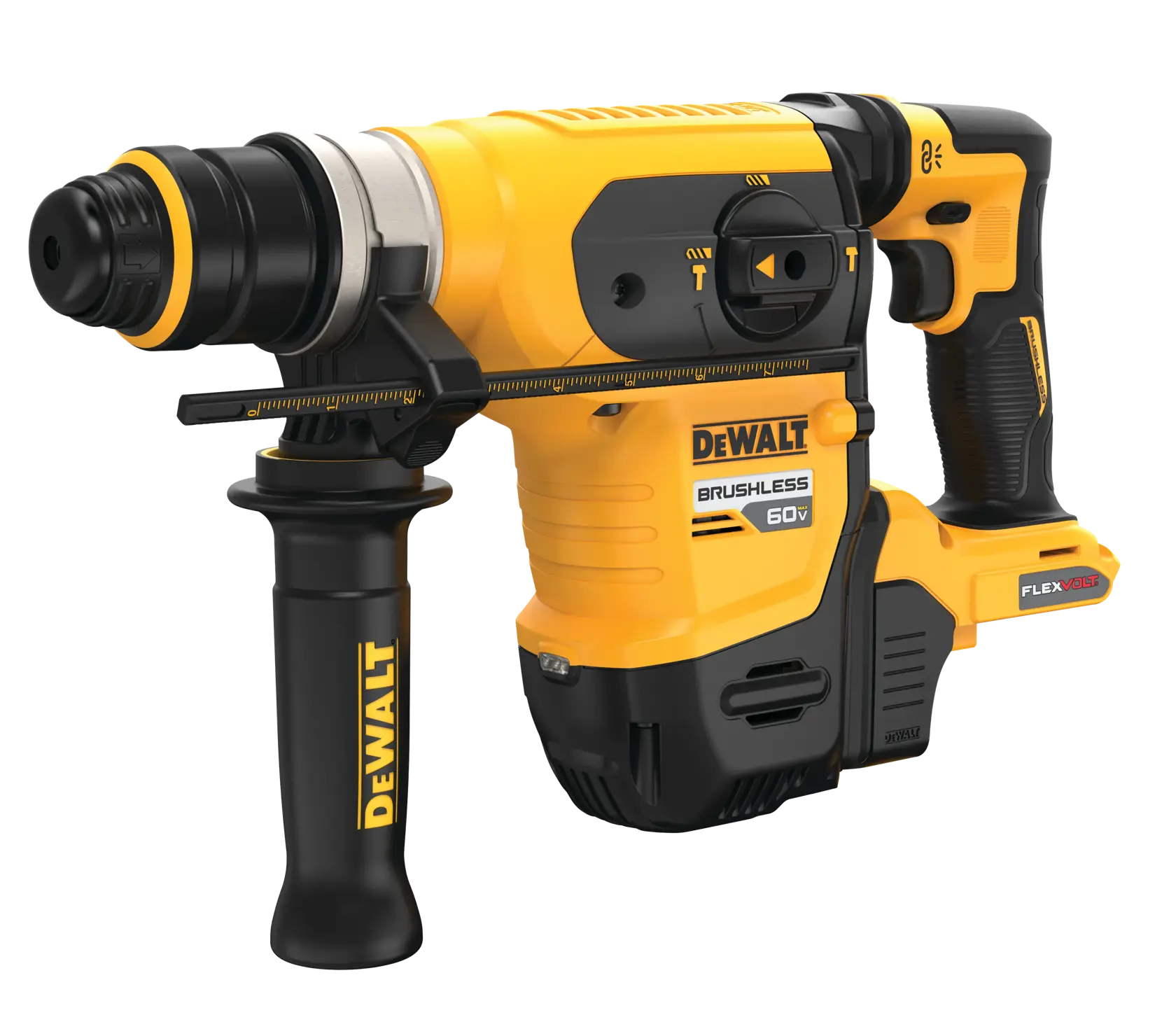 Profile of 60 volt 1 and quarter inch brushless cordless S D S plus rotary hammer tool.