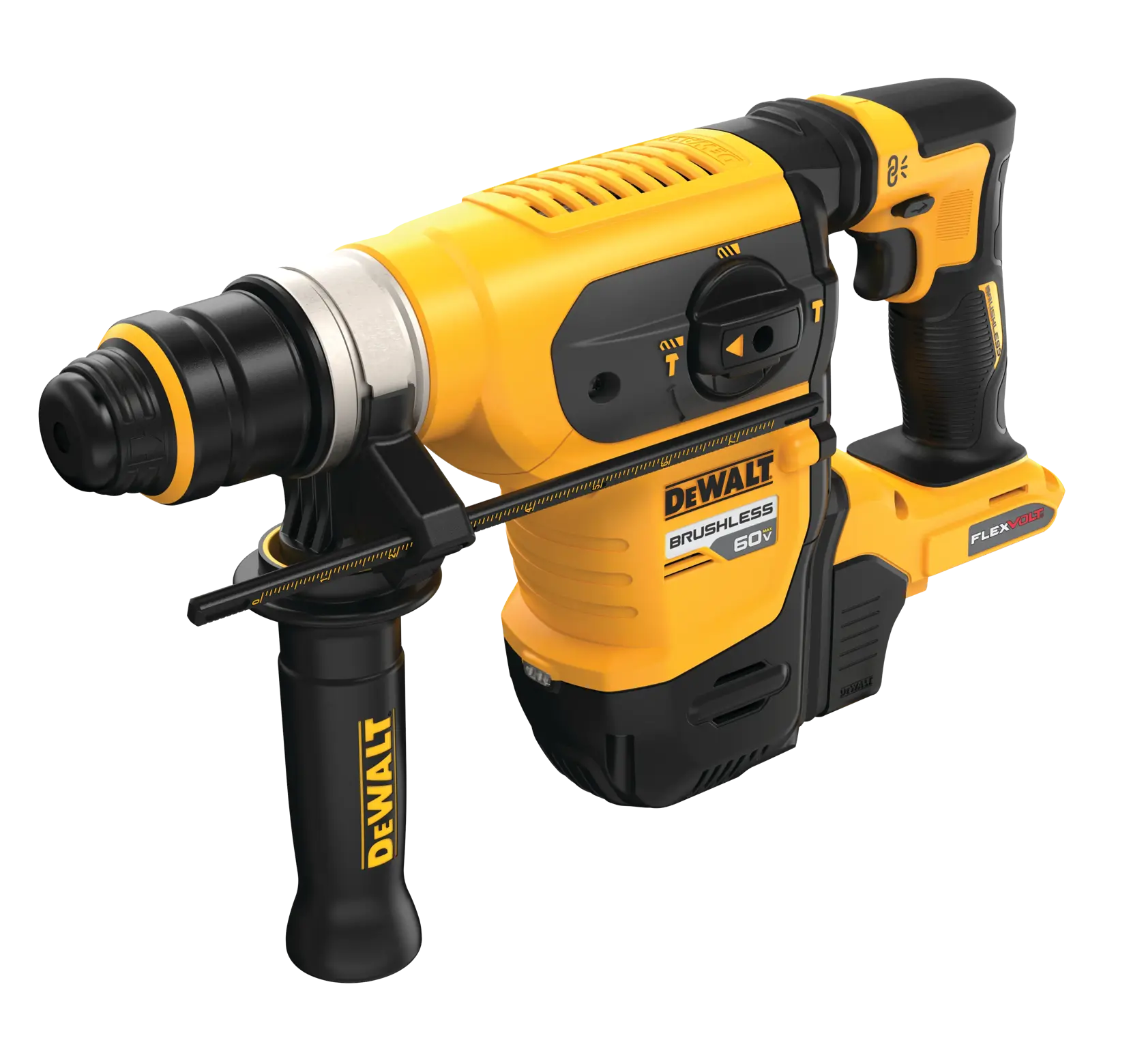 Profile of 60 volt 1 and quarter inch brushless cordless S D S plus rotary hammer tool.