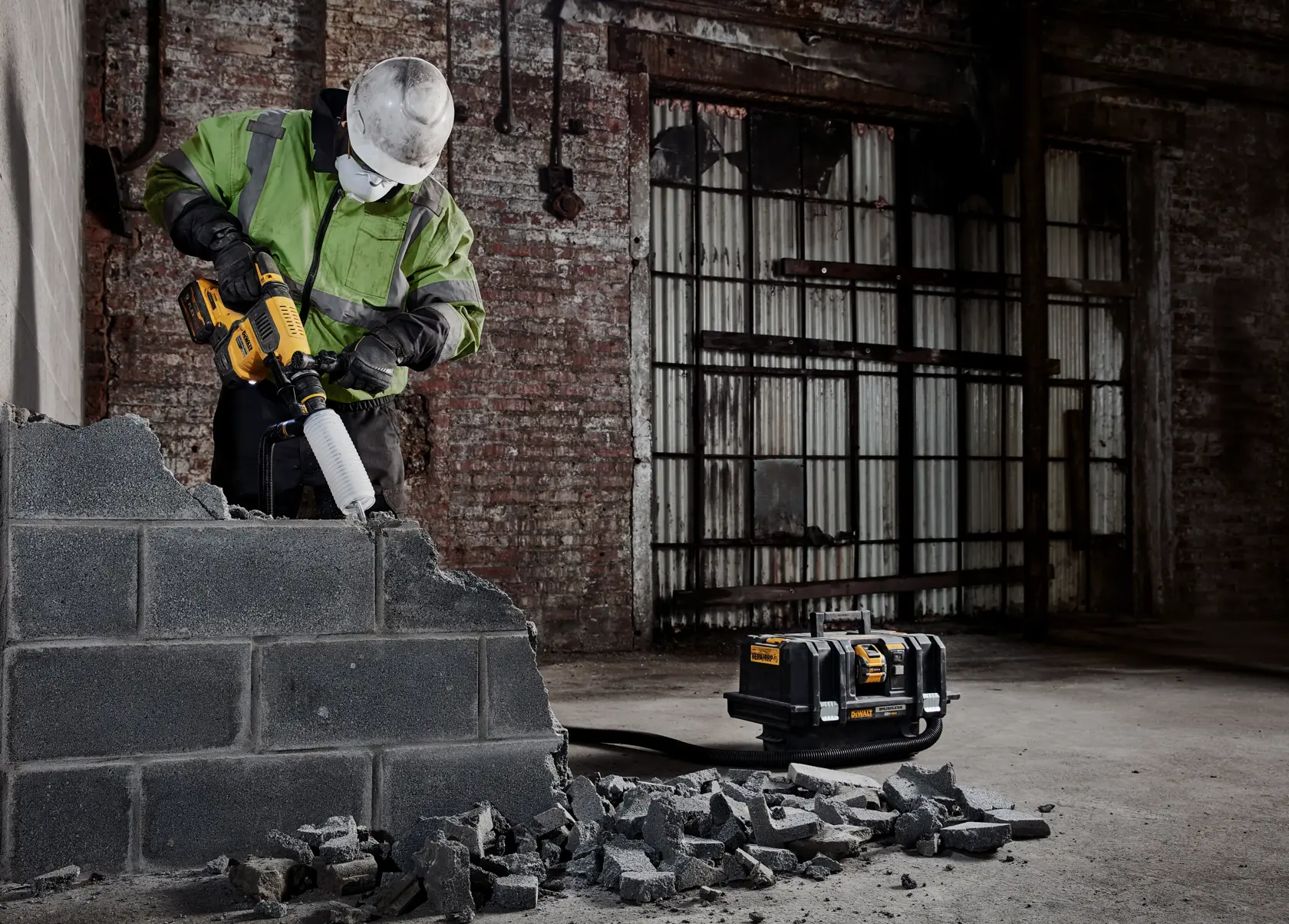 60 volt 1 and quarter inch brushless cordless S D S plus rotary hammer tool being used to hammer concrete.
