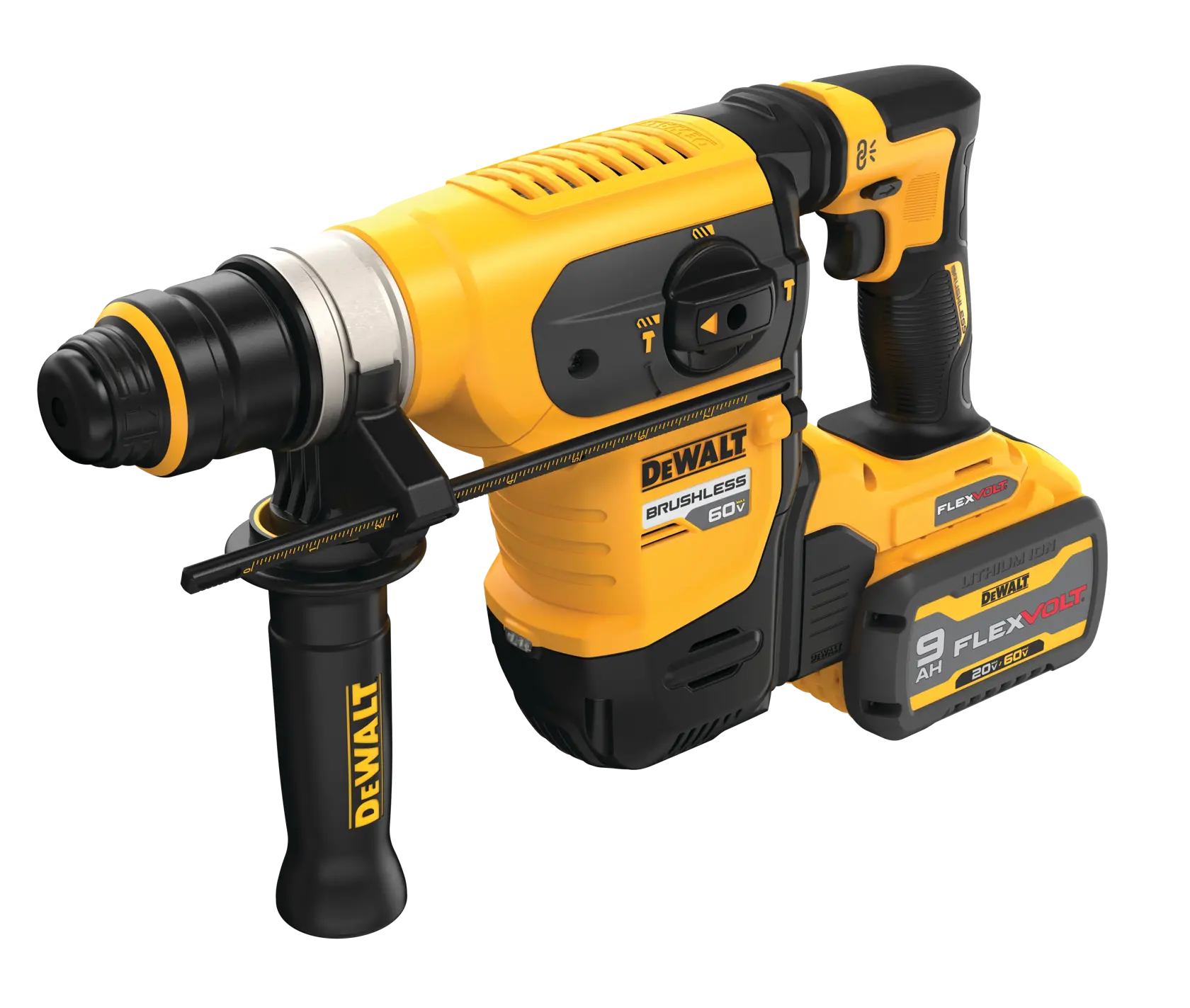 Profile of 60 volt 1 and quarter inch brushless cordless S D S plus rotary hammer kit.