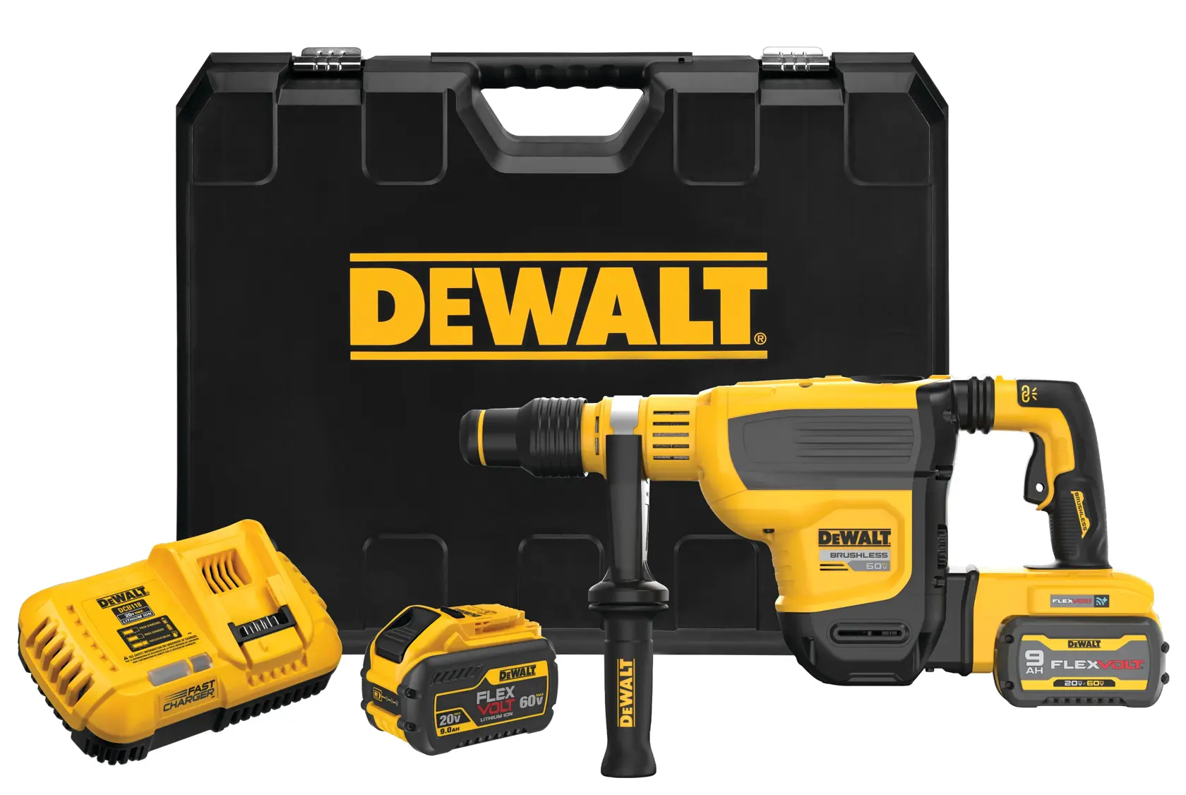 Brushless, cordless SDS MAX combination rotary hammer with its complete kit