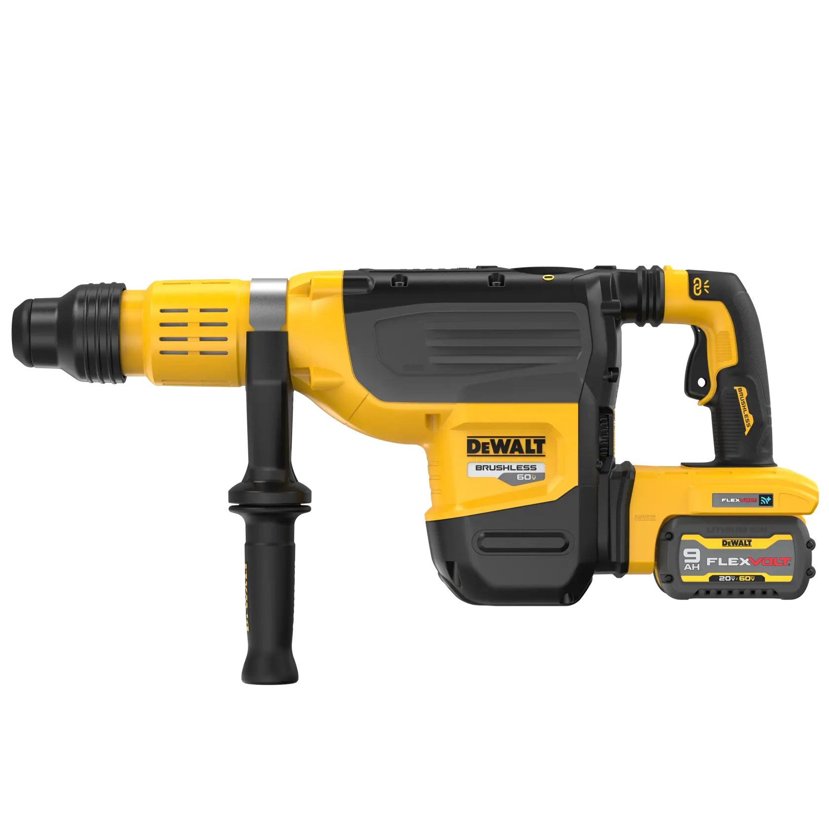 Right side of 60 volt 2 inch brushless cordless S D S combination rotary hammer kit.