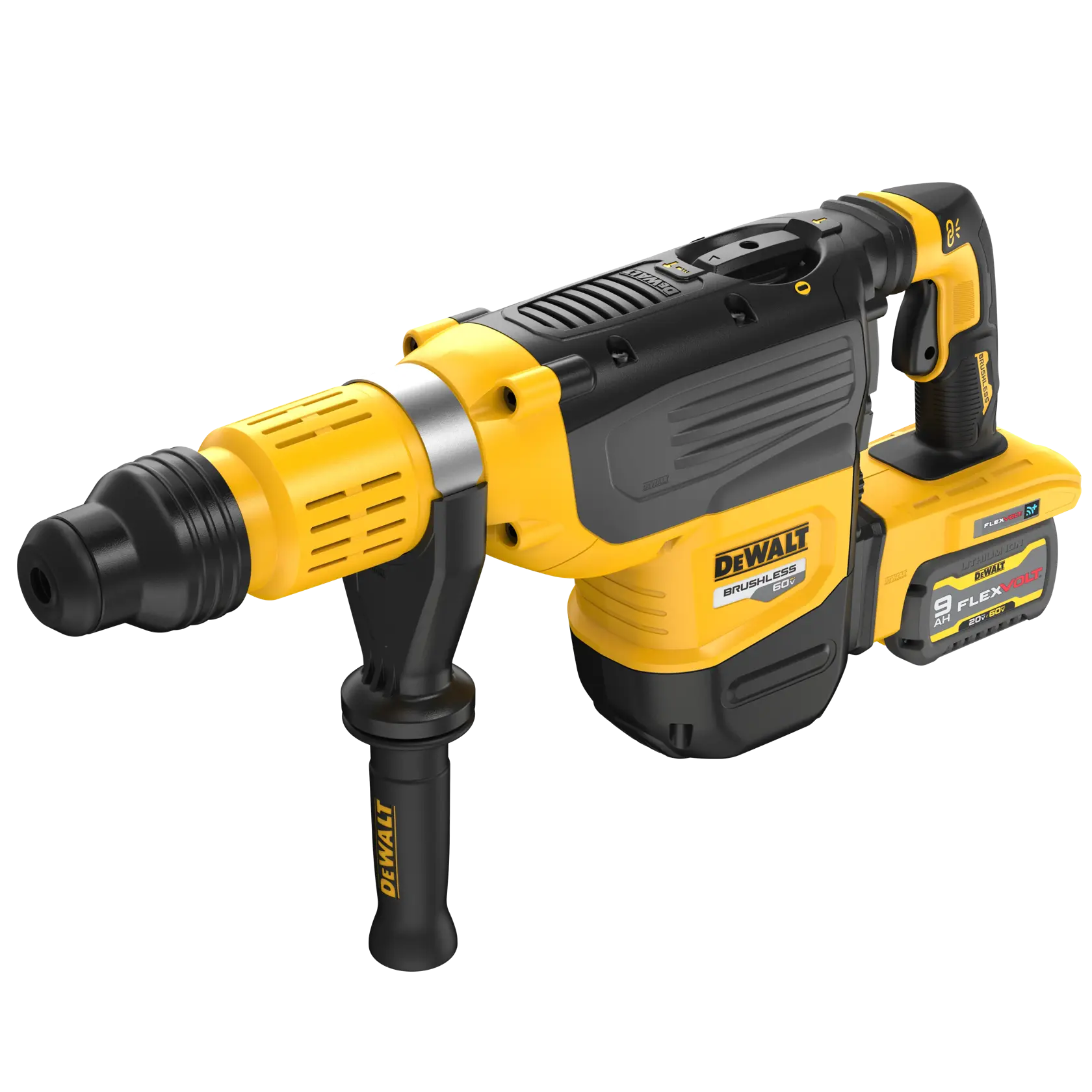 Profile of 60 volt 2 inch brushless cordless S D S combination rotary hammer kit.