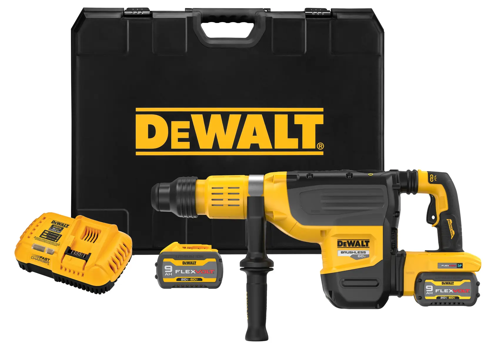 60 volt 2 inch brushless cordless S D S combination rotary hammer full kit.