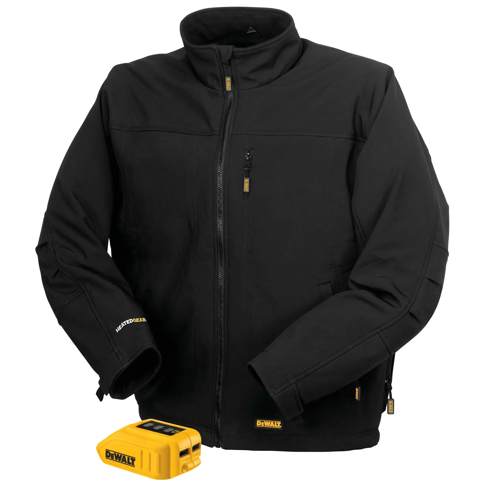 A black DEWALT heated jacket with a front zipper, visible pockets, and a high collar, displayed along with a yellow DEWALT battery pack accessory.