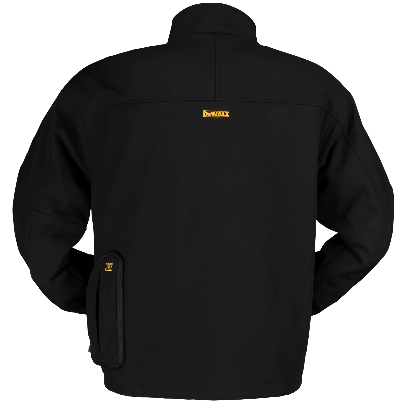 Rear view of a black DEWALT heated soft shell jacket with the DEWALT logo in yellow on the upper back. The jacket has a standing collar and a pocket with a yellow emblem on the lower left side.