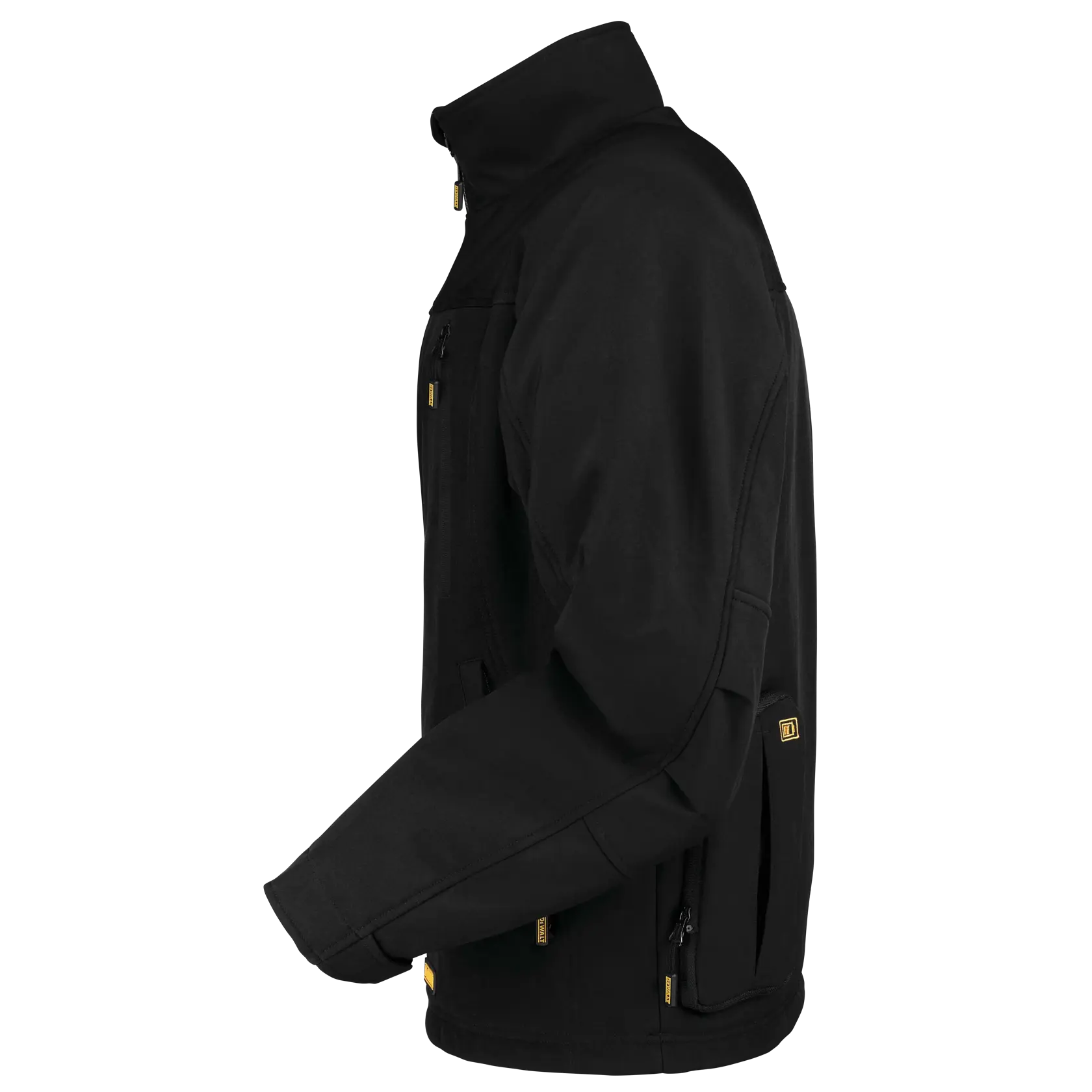 A black DEWALT heated work jacket with a high collar, shown from the side. The jacket features multiple zippered pockets with yellow accents and has a durable, functional design suitable for outdoor work environments.
