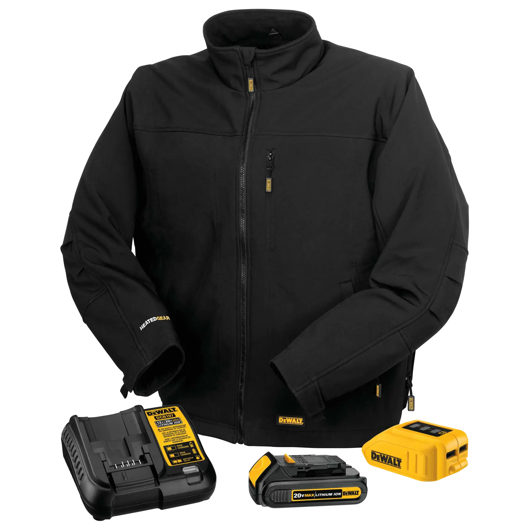 Black DEWALT heated jacket with a zippered front, shown with battery, charger, and power adapter accessories placed in front of the jacket.