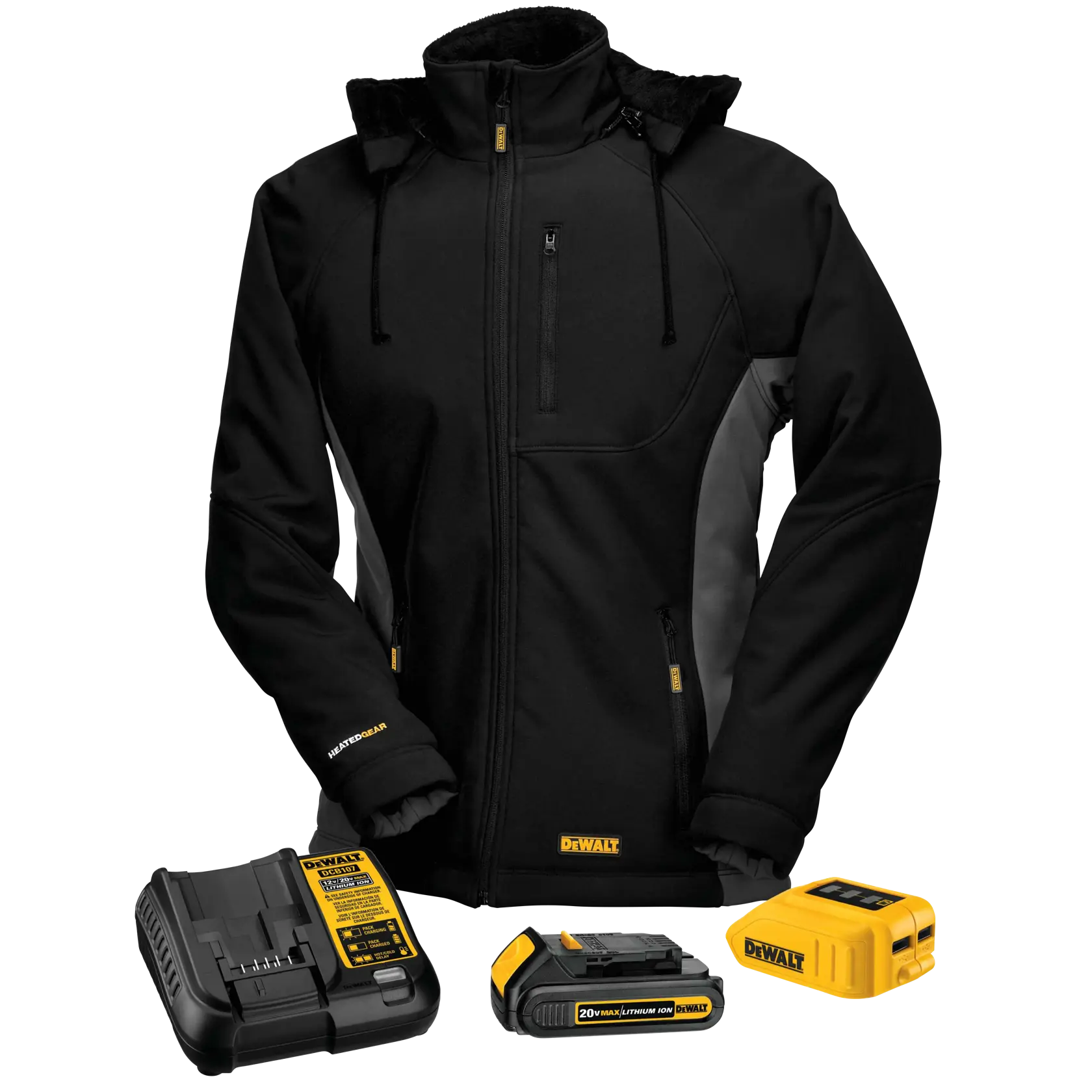 Black DEWALT heated jacket with hood, gray side panels, and zippered pockets, shown along with a yellow and black battery pack, charger, and power adapter.