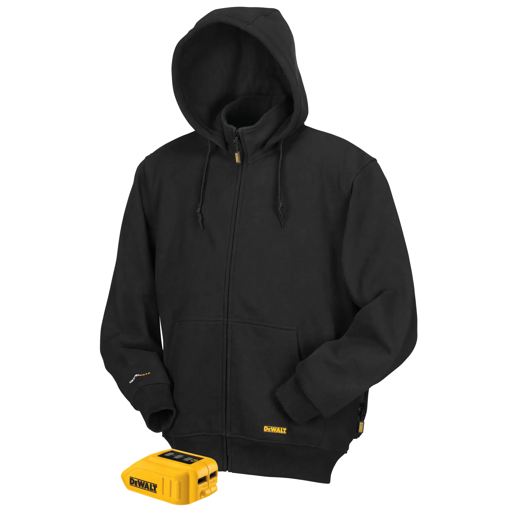 Black DEWALT heated hoodie with front zipper, hood, and front pockets, displayed next to a yellow DEWALT battery pack.