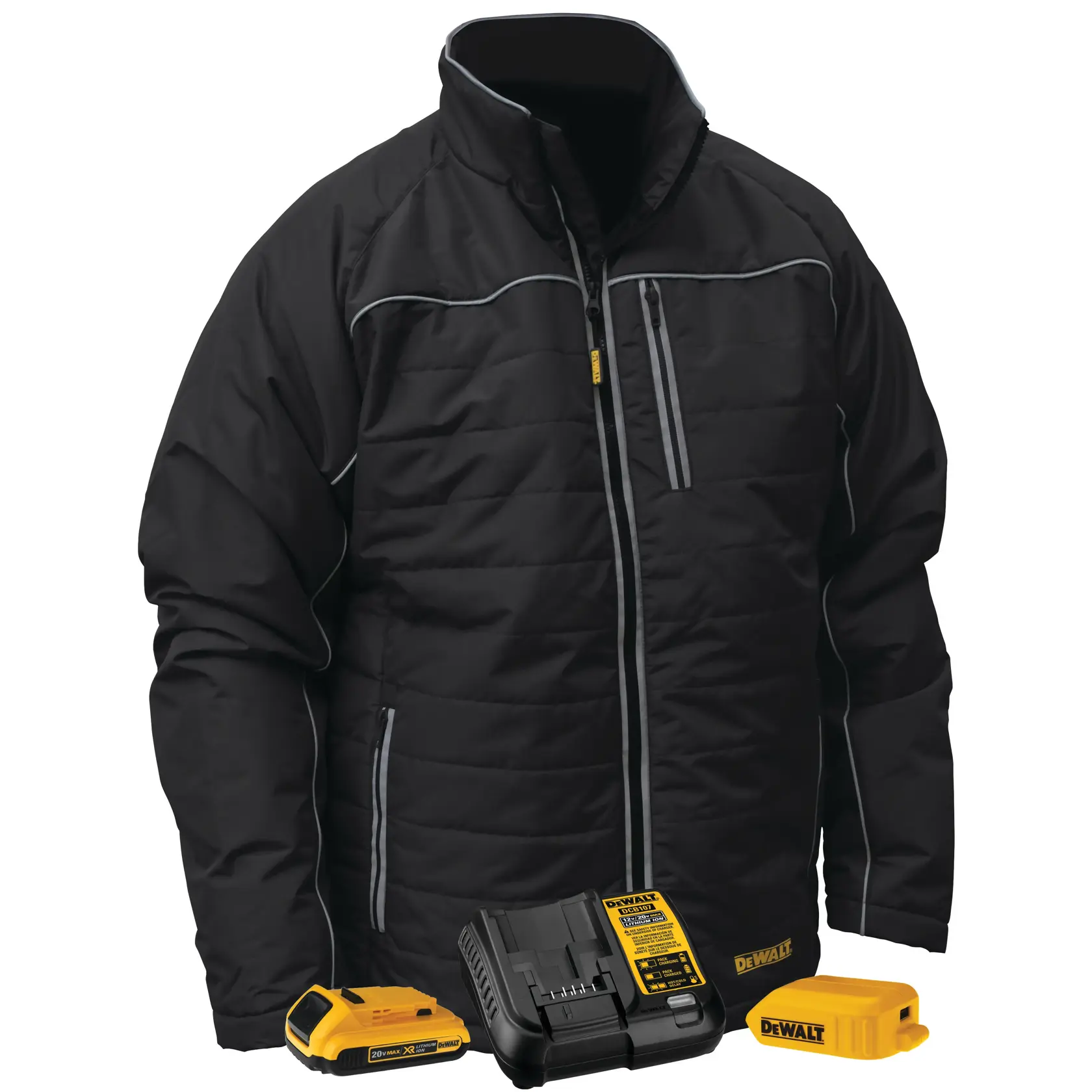 Black DEWALT heated jacket with yellow battery pack, charger, and power adapter displayed in front of the jacket.