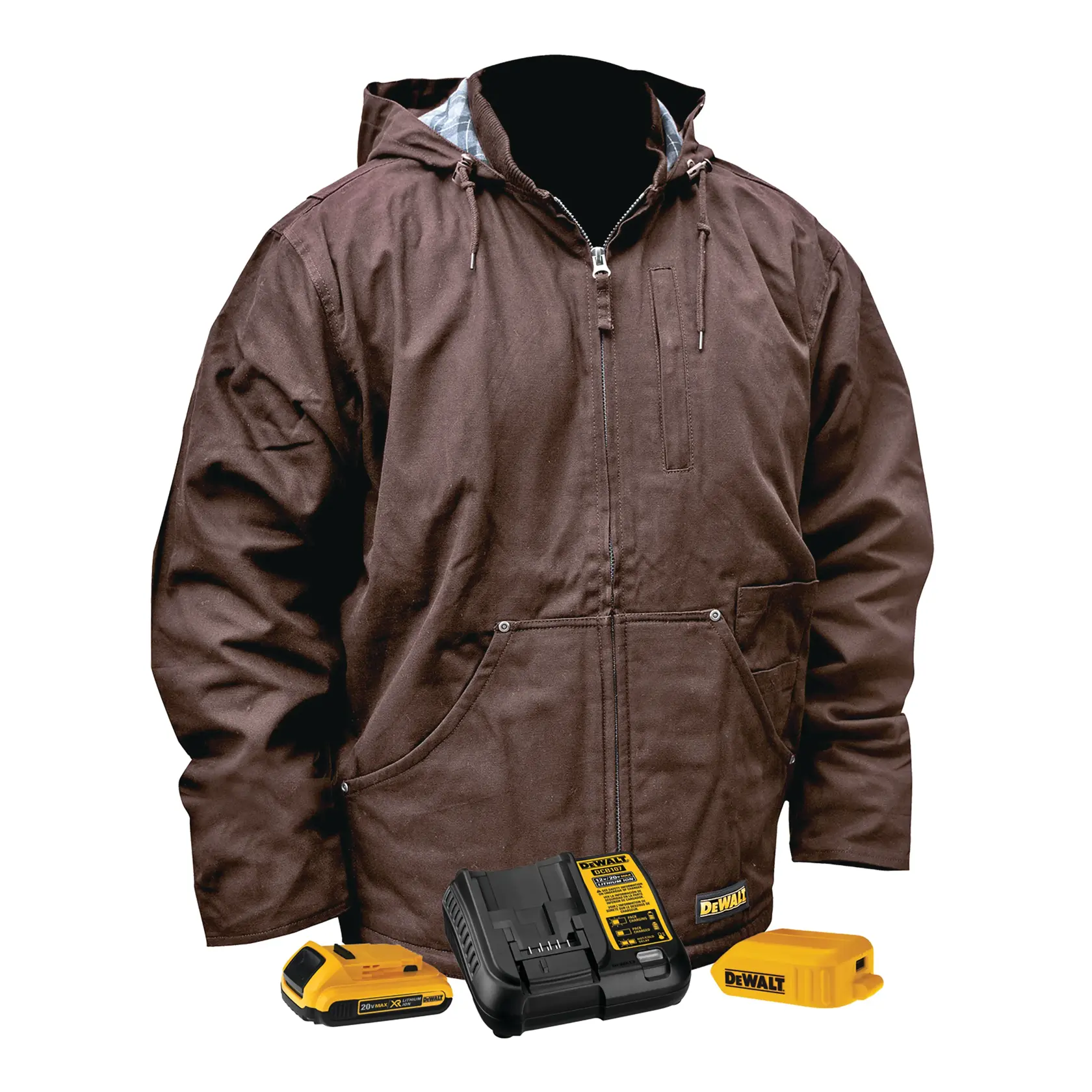 A brown DEWALT hooded work jacket is displayed with a battery, a battery charger, and a yellow accessory. The jacket has a front zipper, pockets, and a small DEWALT logo patch near the hem.