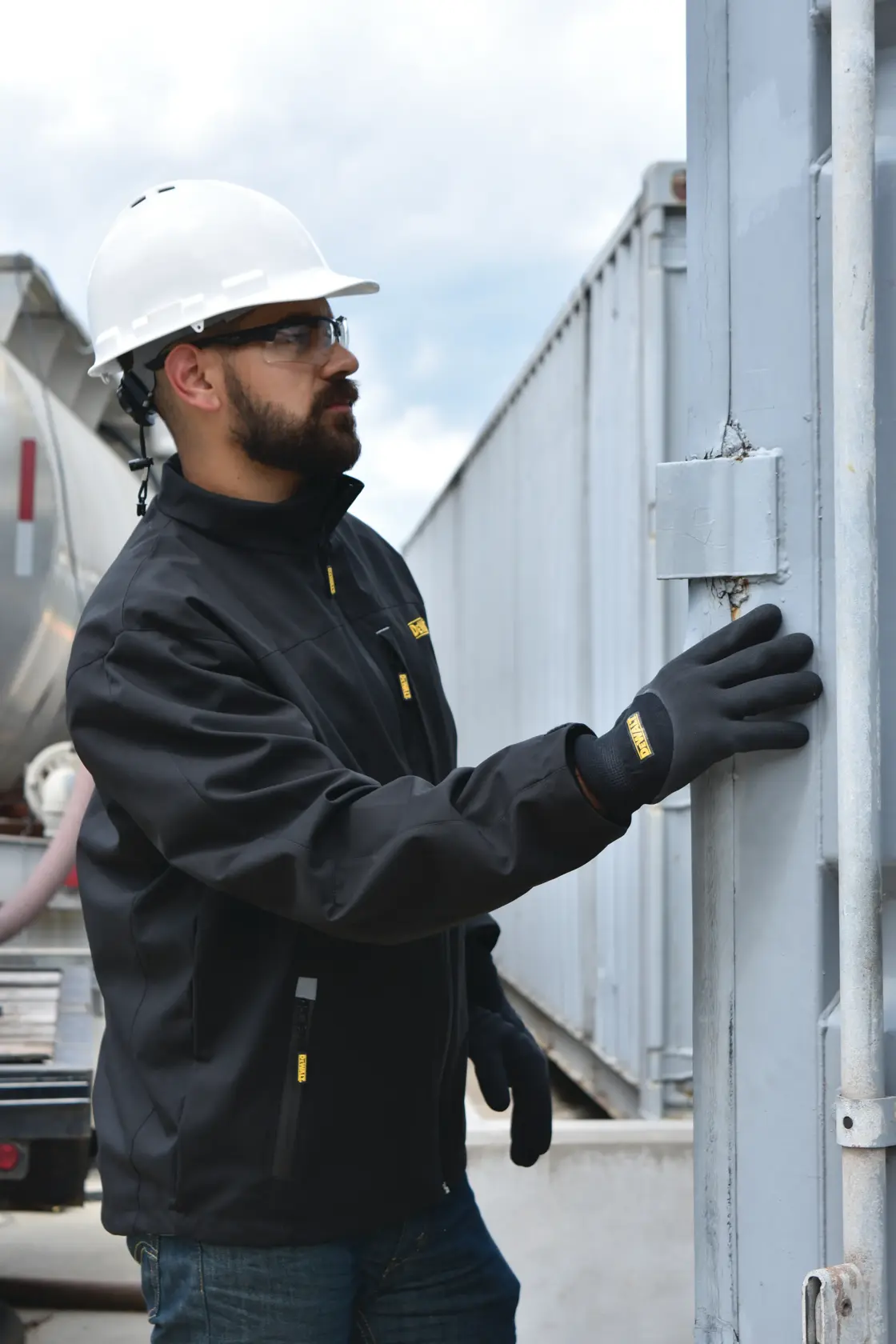 Soft-shell heated jacket being worn by a person