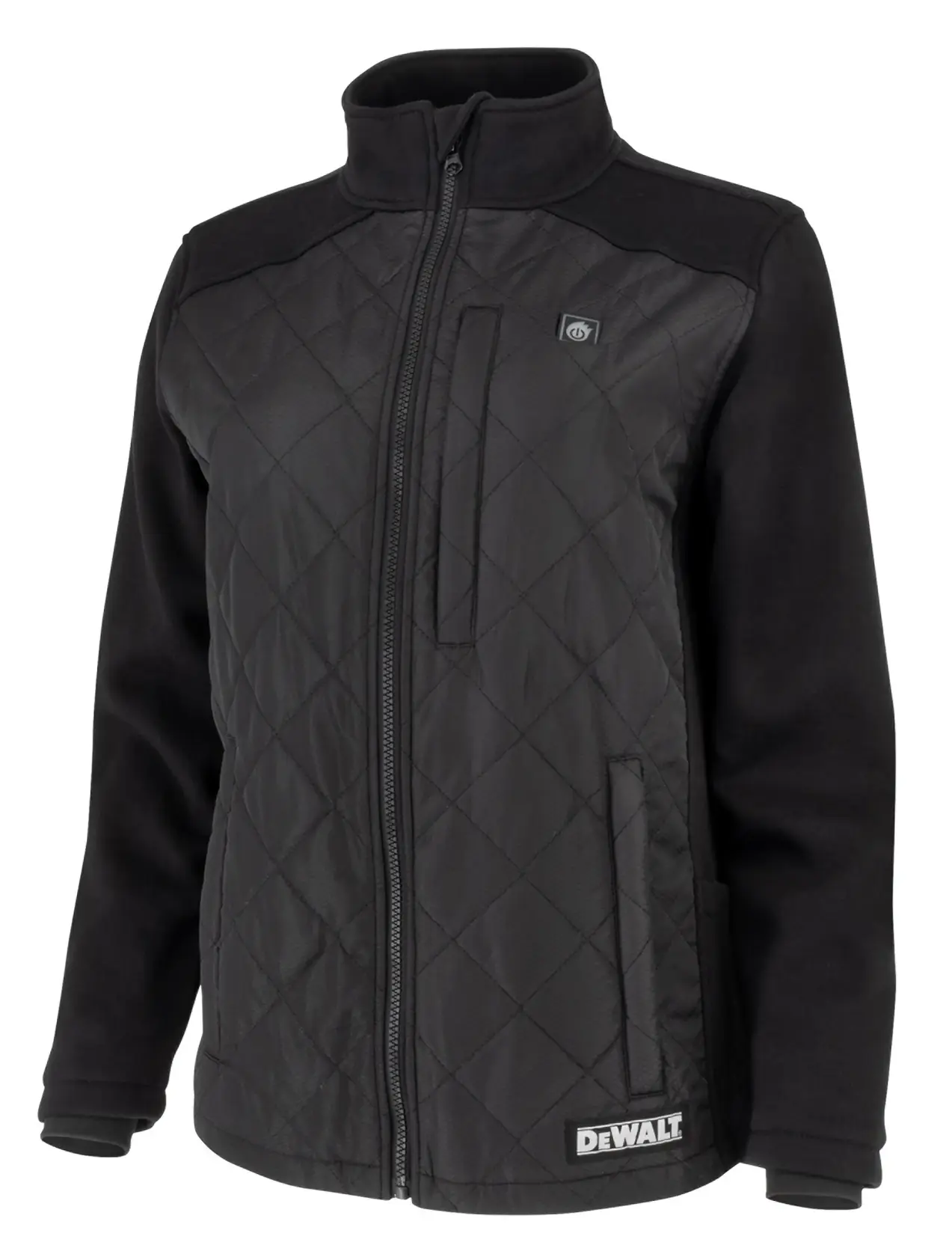 A black quilted jacket with a zip-up front, standing collar, and DEWALT brand logo near the bottom hem. The jacket has a chest pocket and two side pockets, with diamond pattern stitching on the front panel.