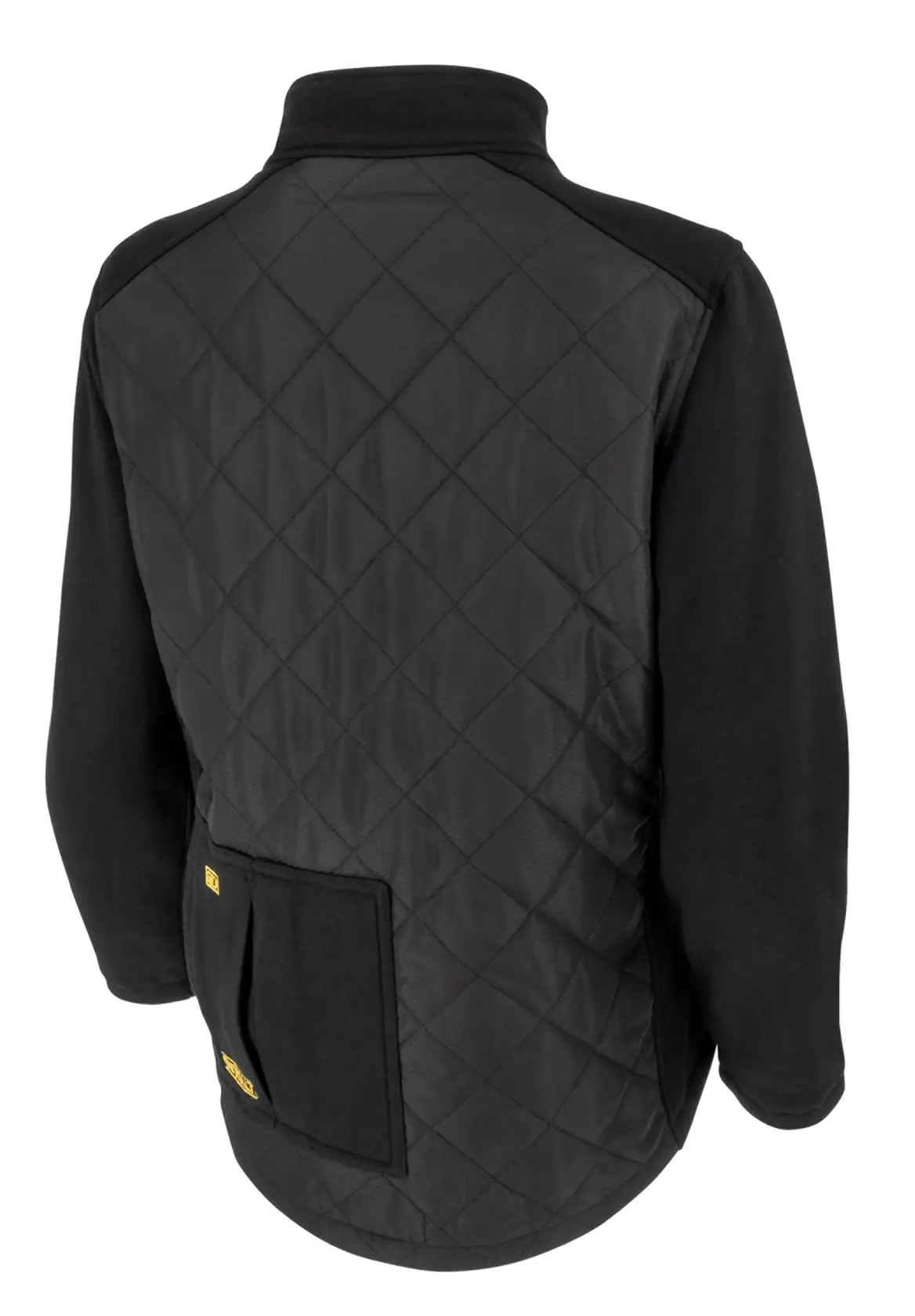 Back view of a black quilted jacket with a patch pocket and yellow tags, featuring long sleeves and a stand-up collar.