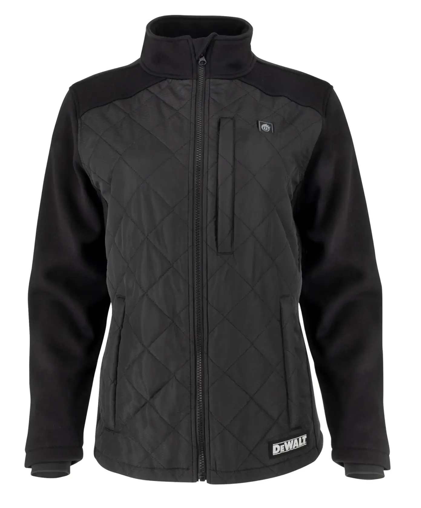 A black quilted jacket with a full front zipper and stand-up collar. The jacket has the DEWALT logo on the lower front and features zippered chest and side pockets.