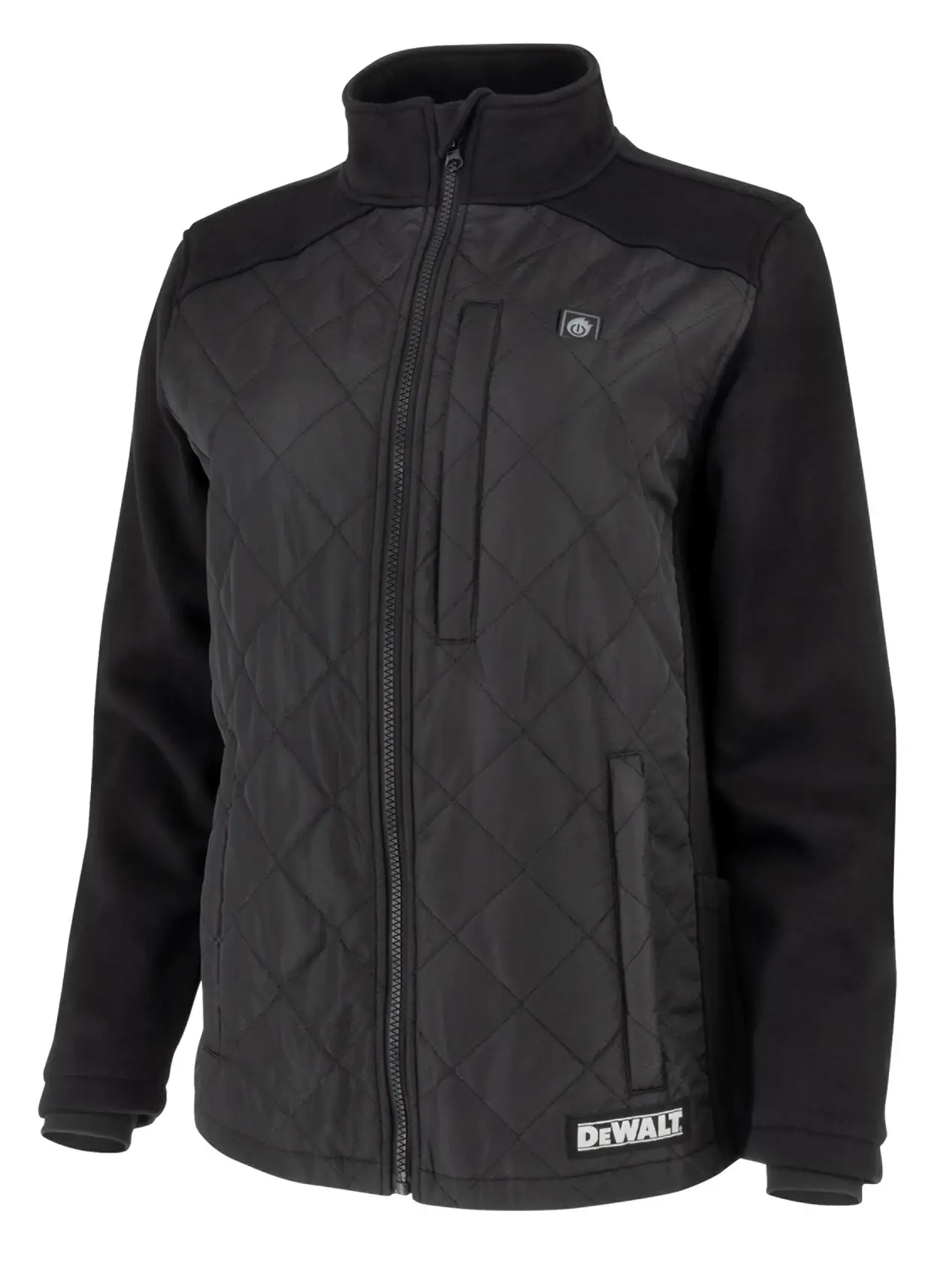 A black quilted jacket with a zip-up front and high collar, featuring the DEWALT logo near the bottom and a chest pocket with a button emblem.