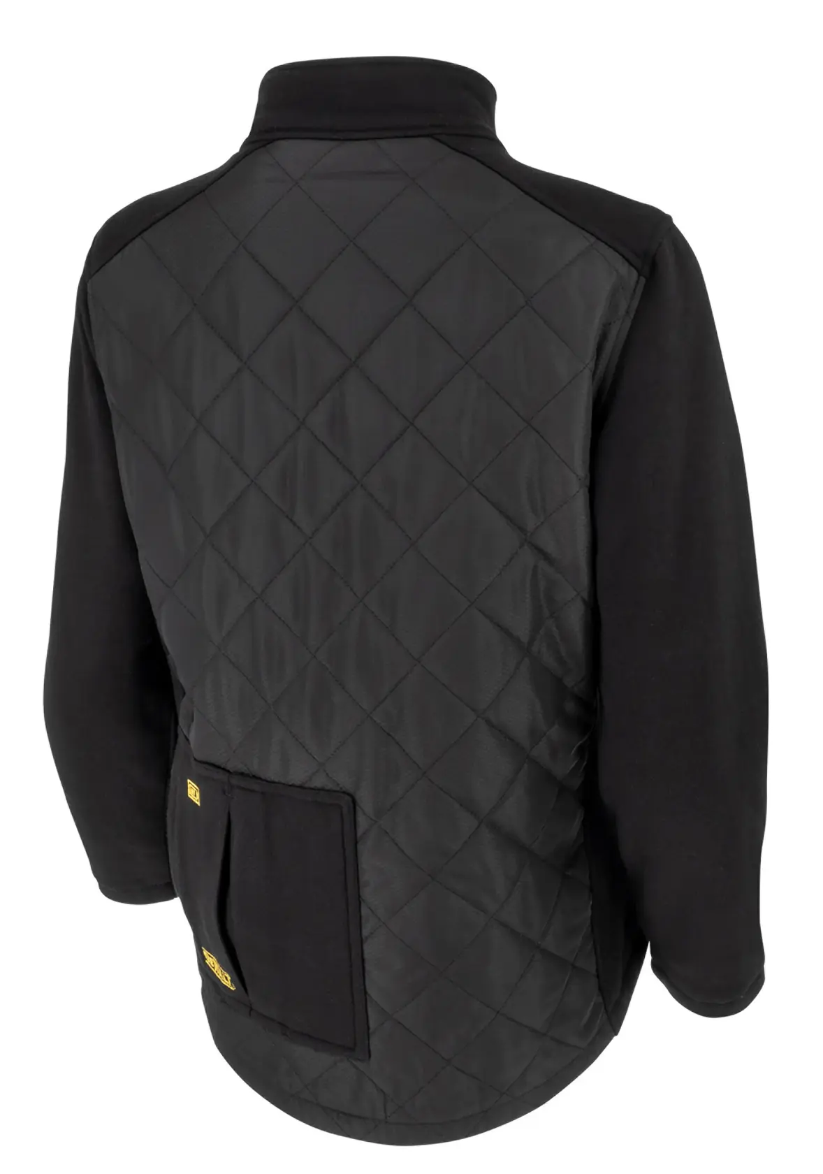 Back view of a black quilted jacket with a high collar and patch pocket, featuring DEWALT branding on the lower back.