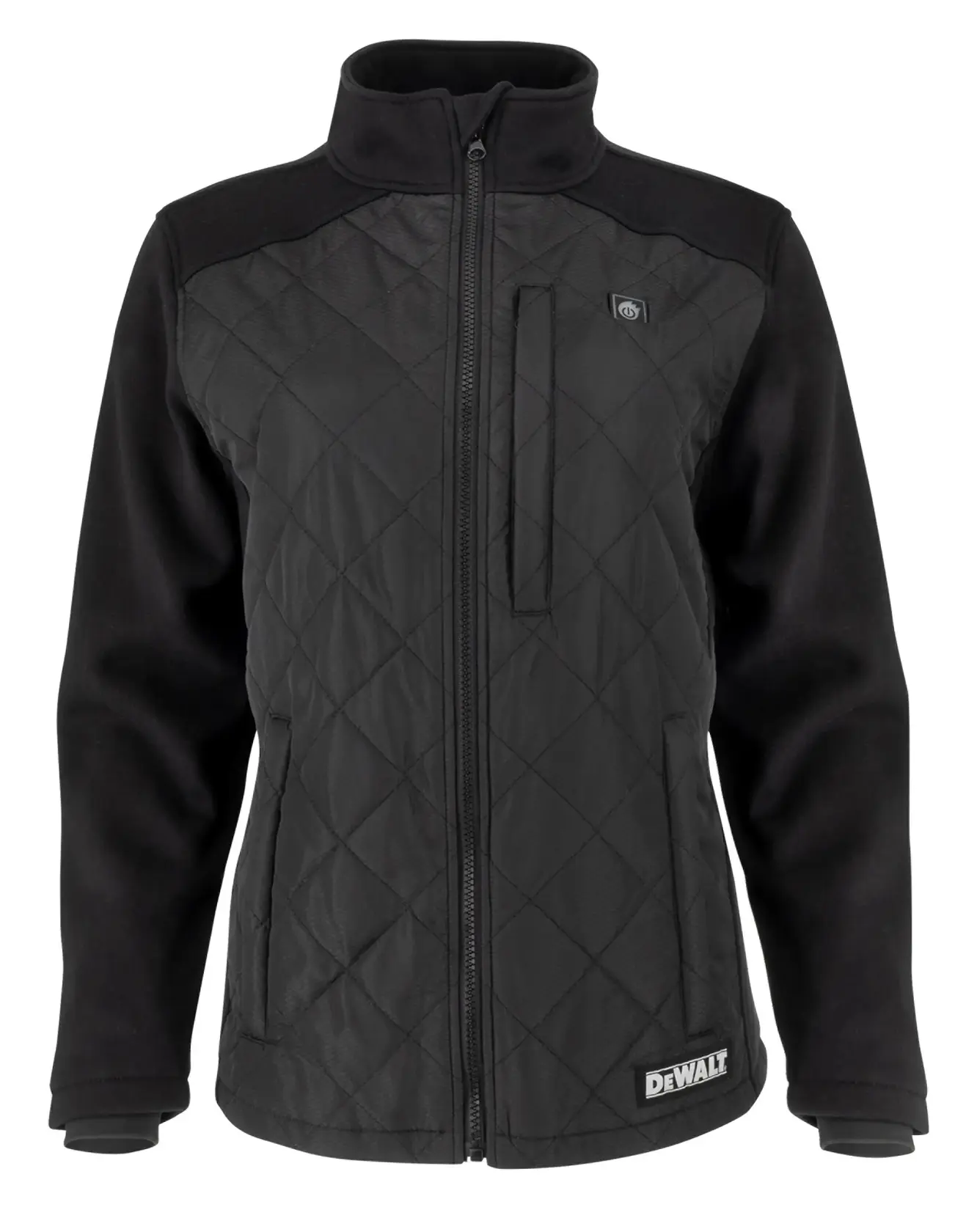 A black quilted jacket with a zip-up front, standing collar, and the DEWALT logo near the bottom hem. The jacket features a chest pocket with a vertical zipper and two side pockets.