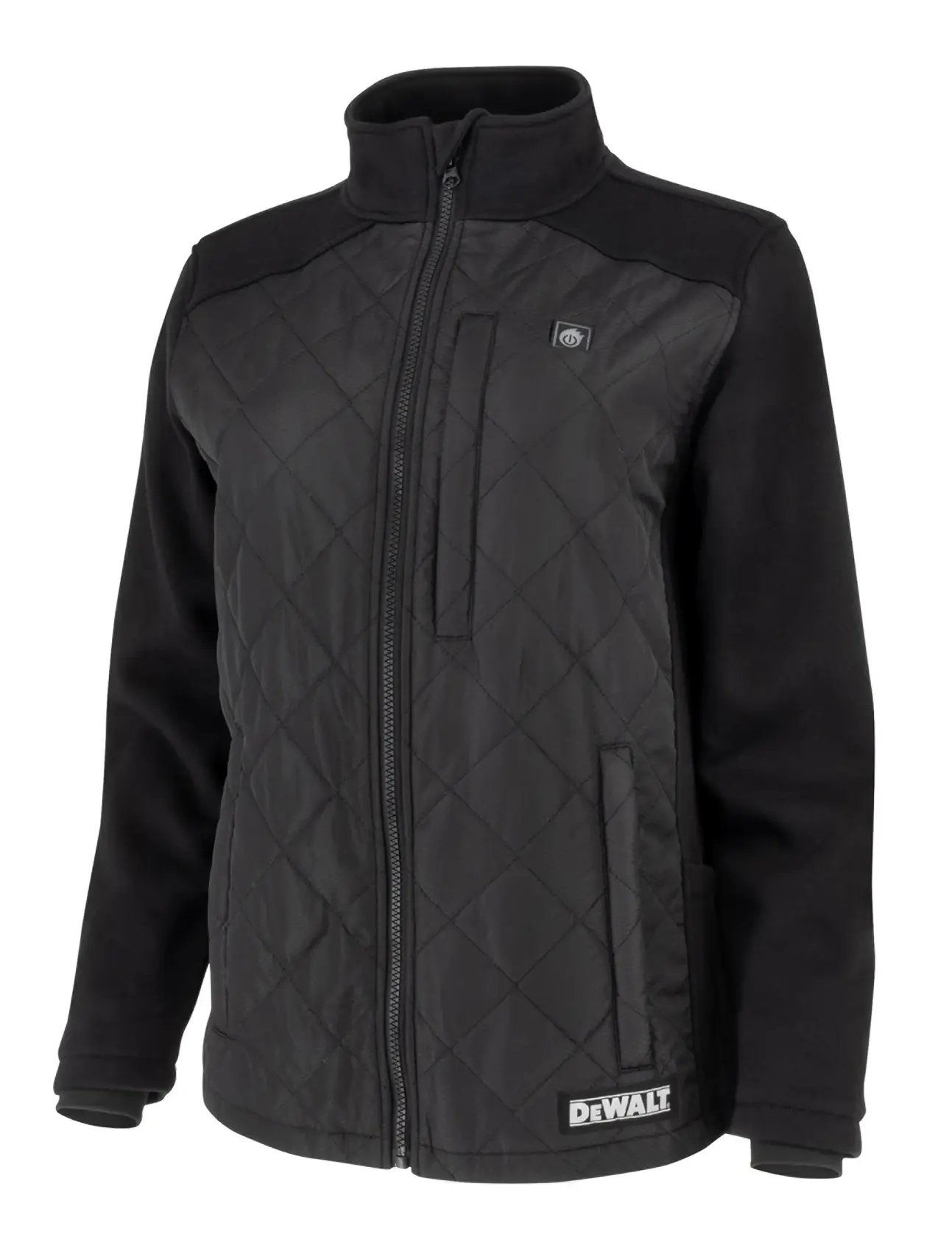 A black quilted jacket with a zip-up front and two side pockets, featuring the DEWALT logo near the bottom hem. The jacket has long sleeves and a stand-up collar.