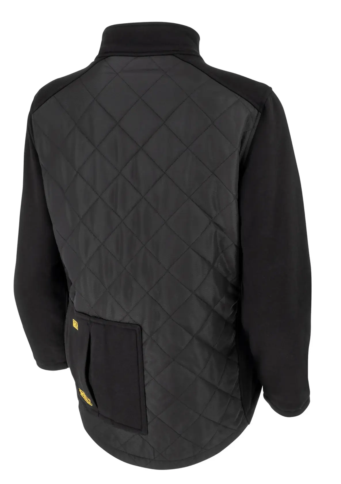 Back view of a black quilted jacket with long sleeves and a black pocket on the lower right side.