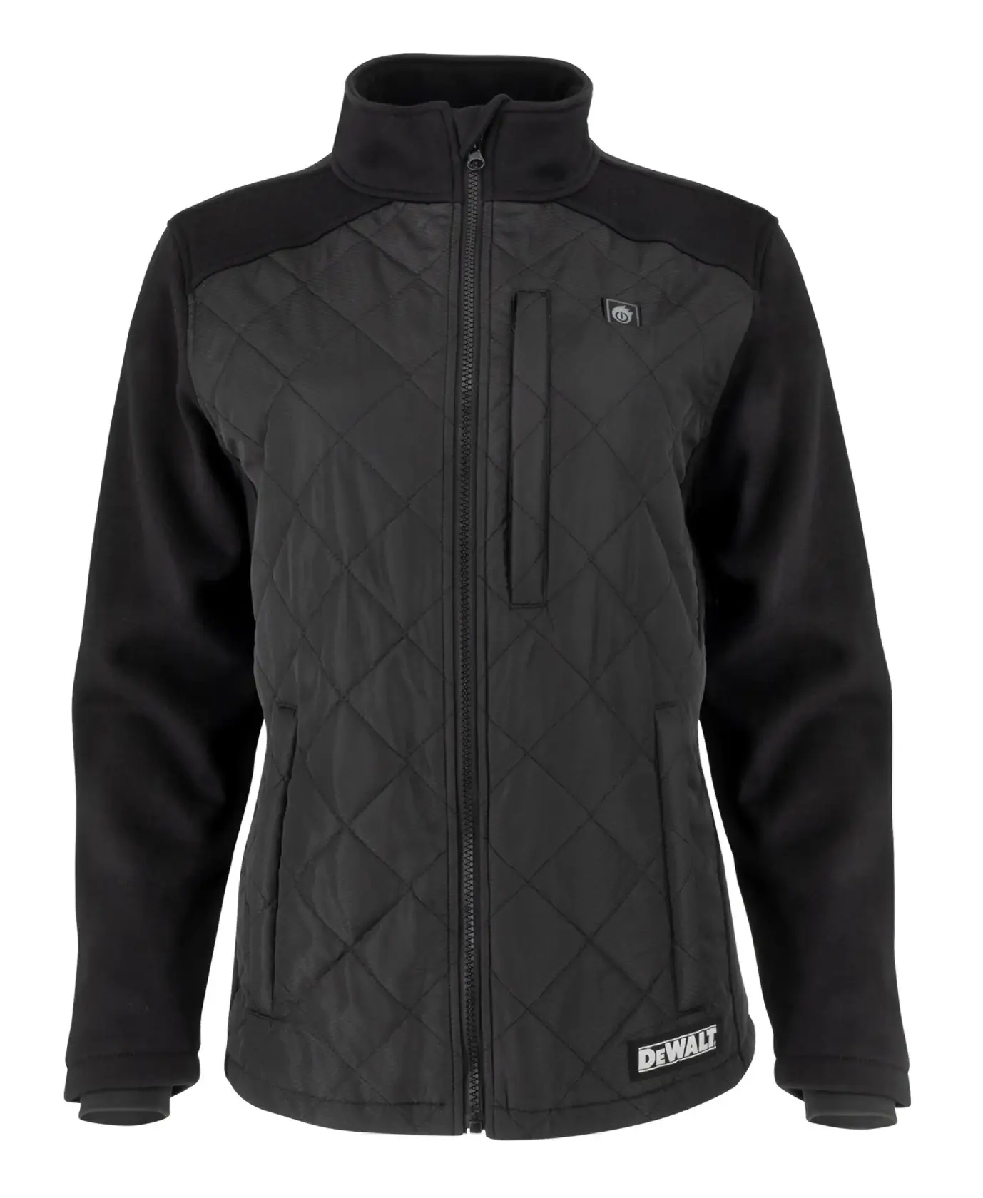 Black quilted jacket with a zip front and stand collar, featuring a DEWALT logo near the hem. The jacket has a chest pocket with a vertical zipper and side pockets.