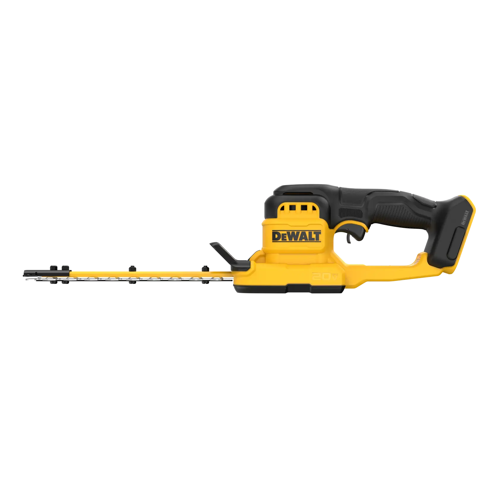 A DEWALT 20V cordless hedge trimmer with a yellow and black design, featuring a long cutting blade and ergonomic handle.