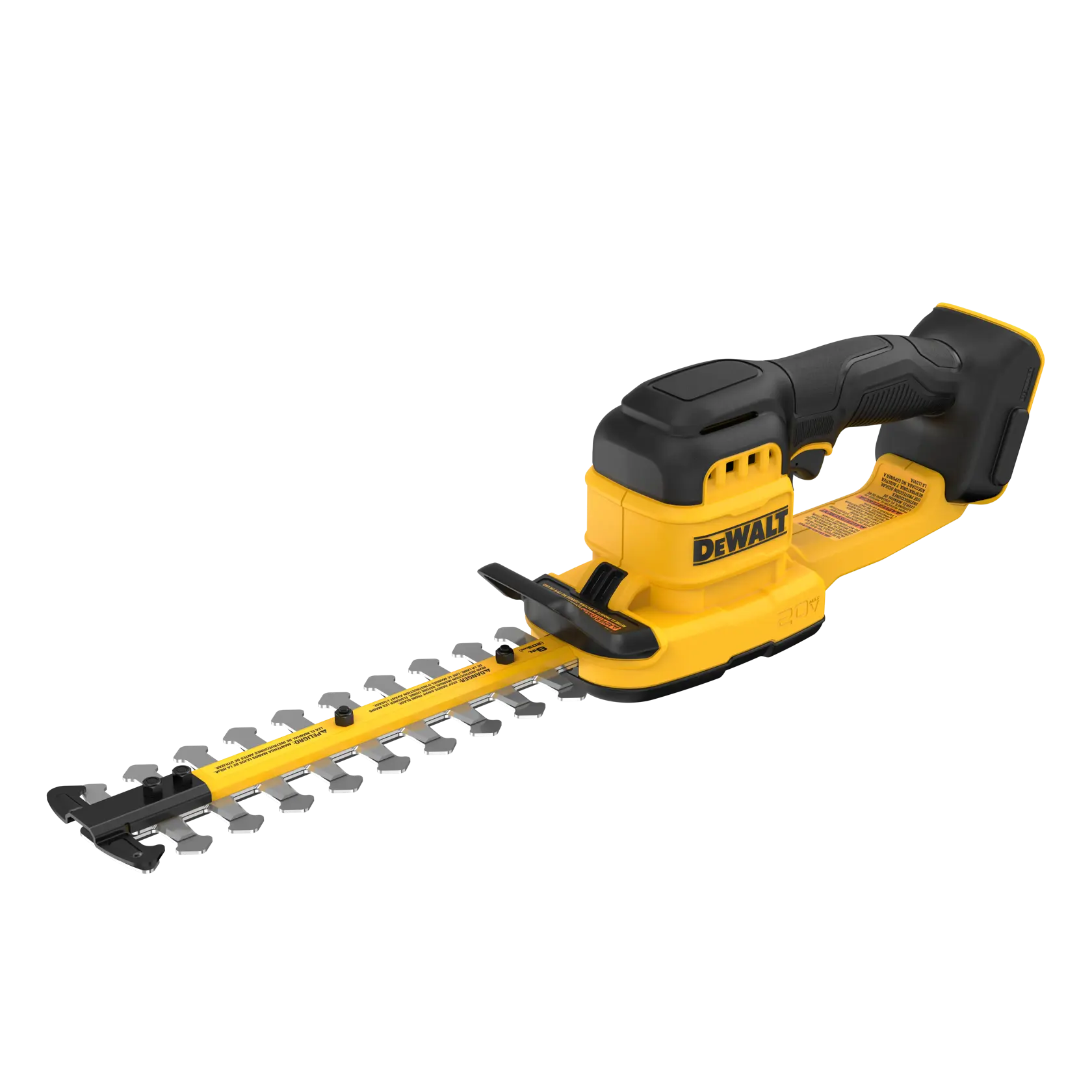 A DEWALT 20V cordless hedge trimmer with yellow and black design, featuring a long blade with sharp cutting edges.