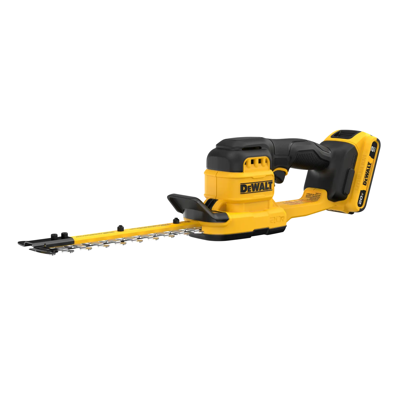 A yellow and black DEWALT cordless hedge trimmer with a battery attached, featuring a comfortable grip and a long blade for trimming hedges and shrubs.