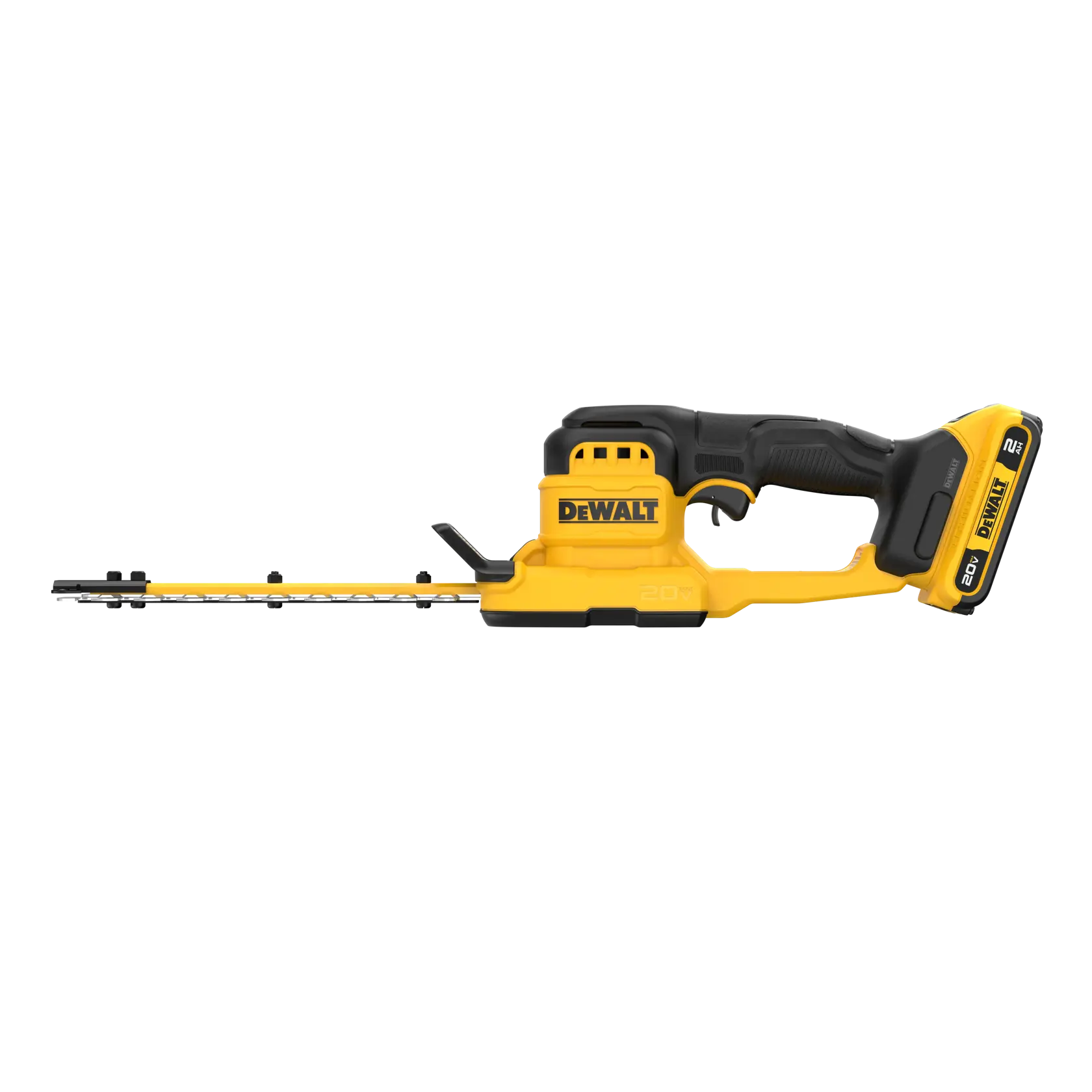 A DEWALT cordless hedge trimmer with a yellow and black design and a 20V battery, shown against a white background.